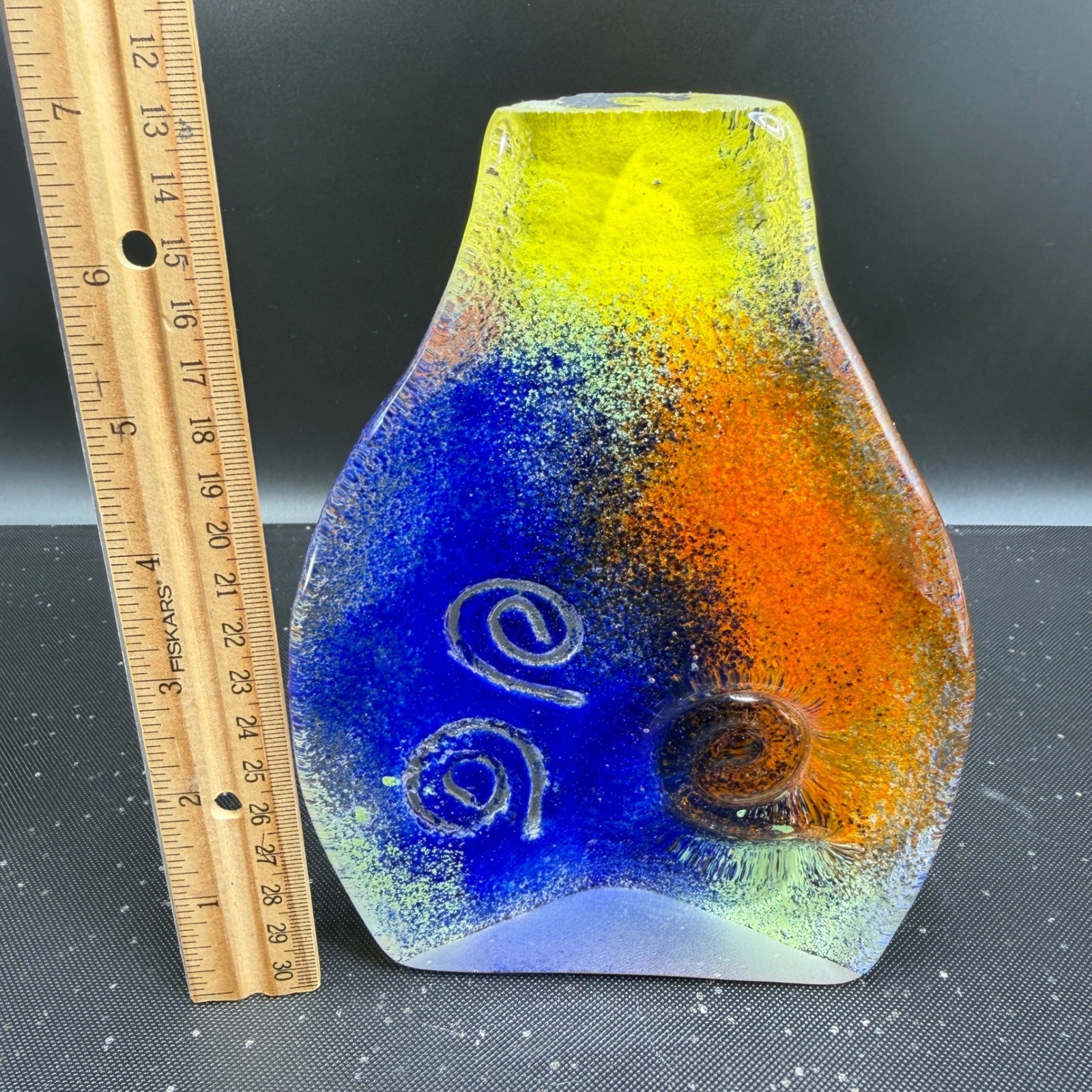 Cassandre Glass Studio Art Glass Belly Glass Sculpture Yellow Spiral Decor 7in