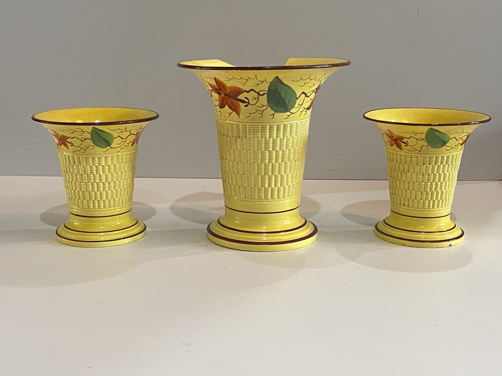 Staffordshire Canary Engine Turned Spill Vase Set With Floral Decoration 1820’s