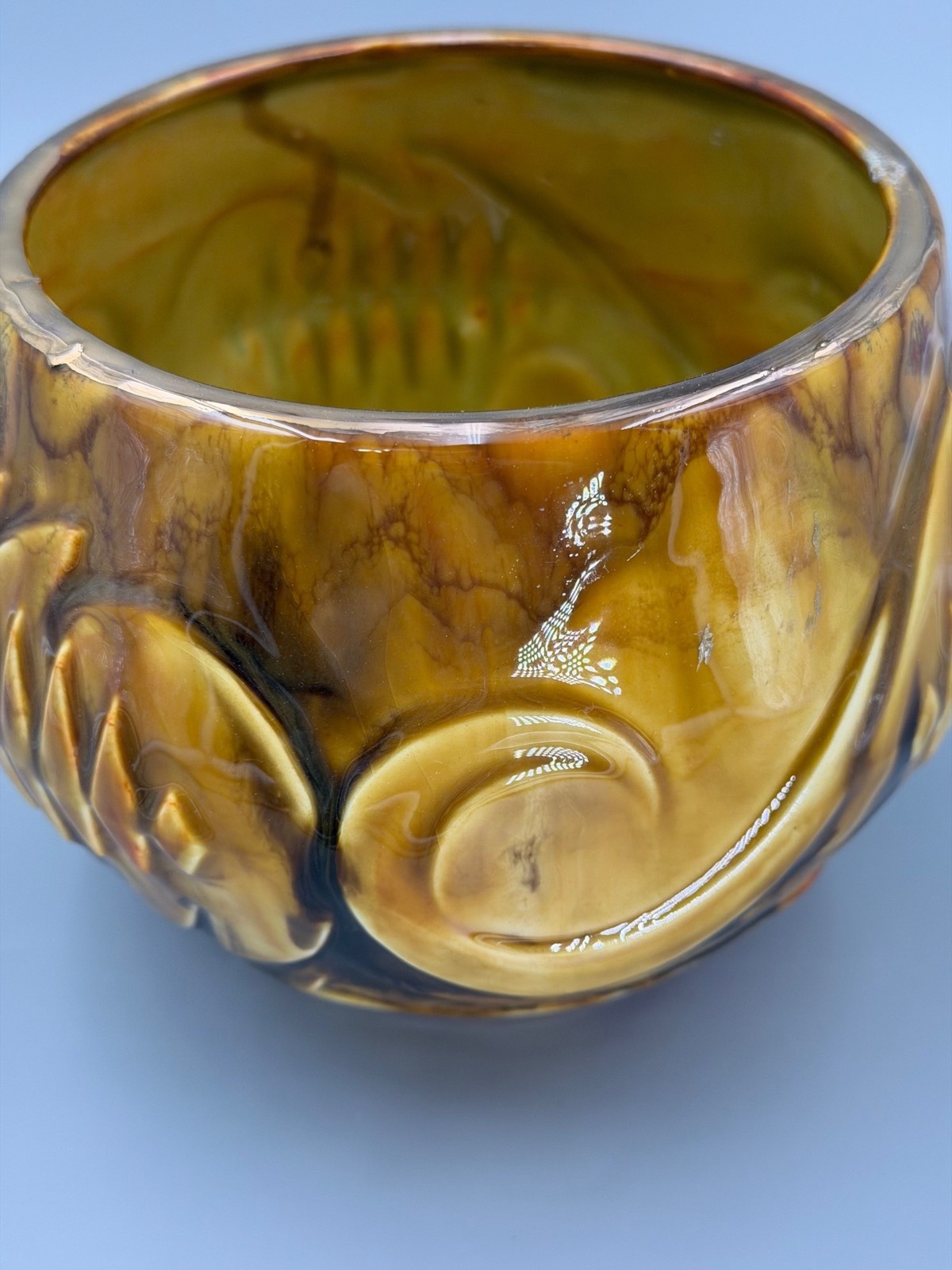 Vintage Brown Yellow Ceramic Glass Vase Bowl Planter Raised Signed Gold Rim