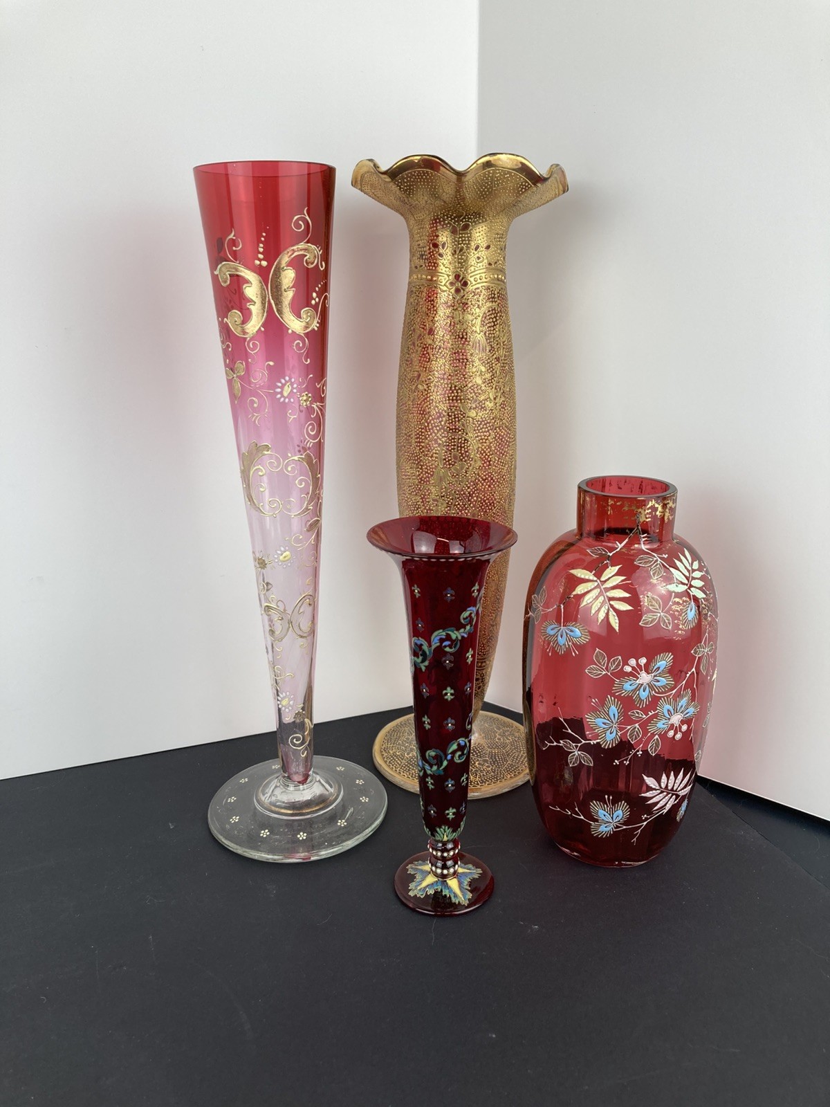 Antique Moser/Bohemian Cranberry and Heavy Stipped Gold Vase. 12 1/2″ Tall.