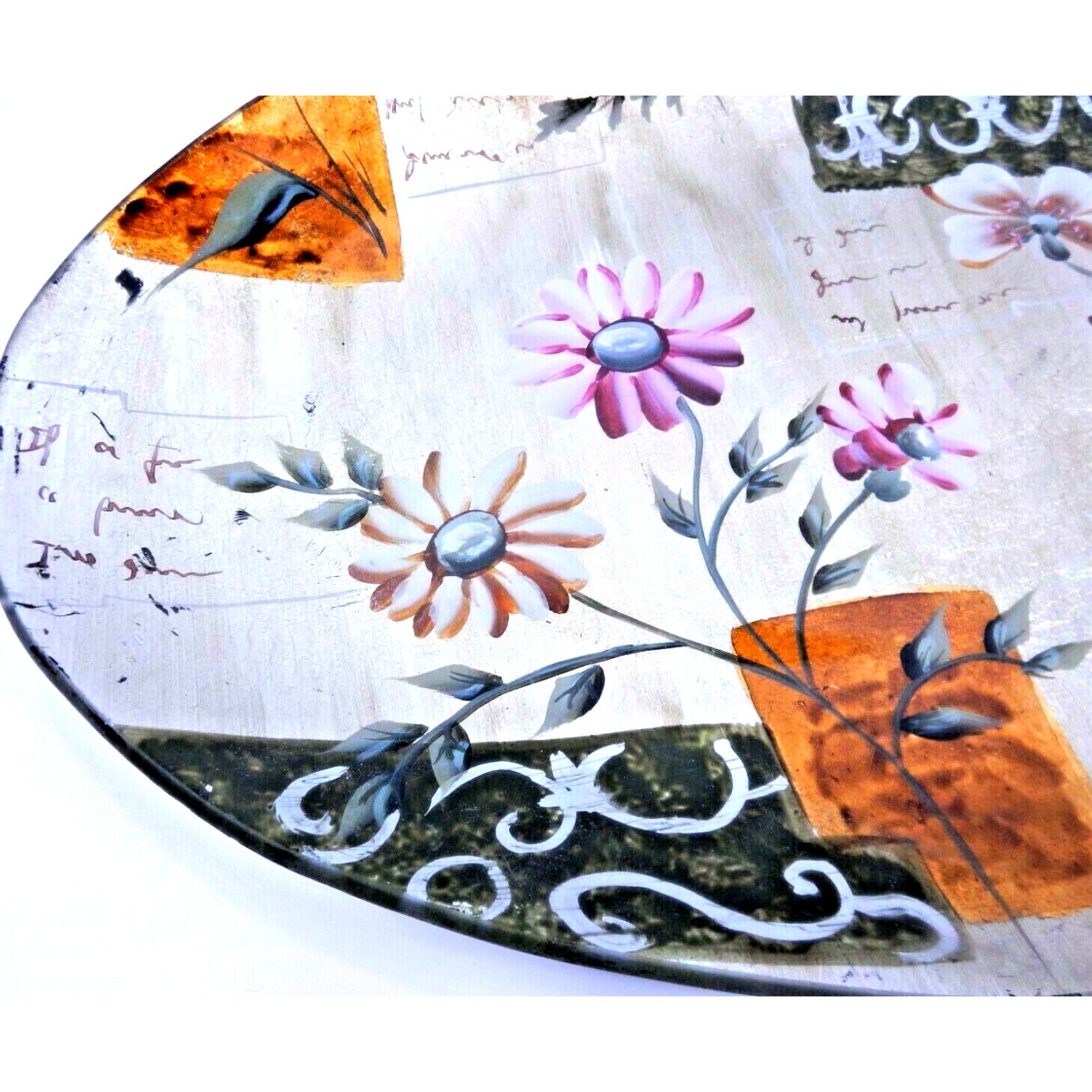 Vintage Reverse Painted Oval Tray Art Glass Brilliant Flowers Asian 16″