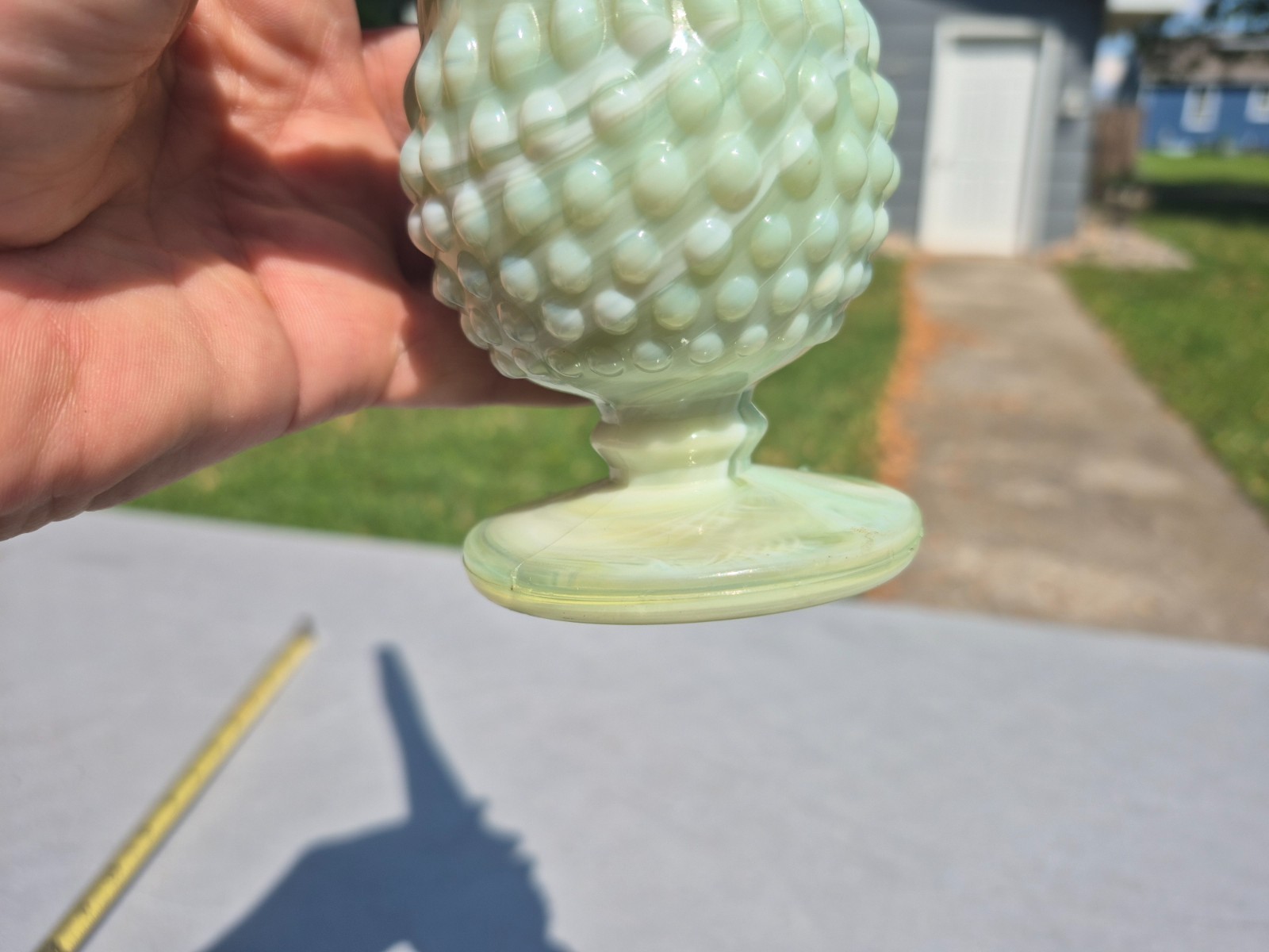 Rare Slender 15.5” – Fenton / Kanawha Hobnail Swung Vaseline Glass Vase