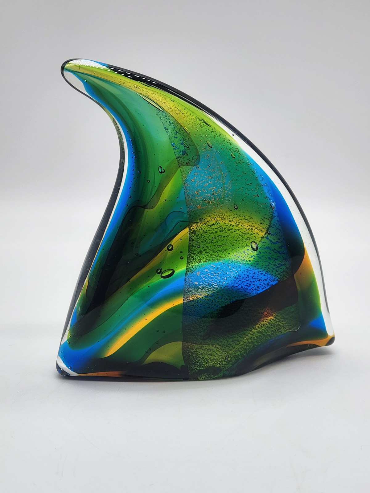 Art Glass Paperweight Fish Fin Blue, Green, Yellow 5.25″ x 5″