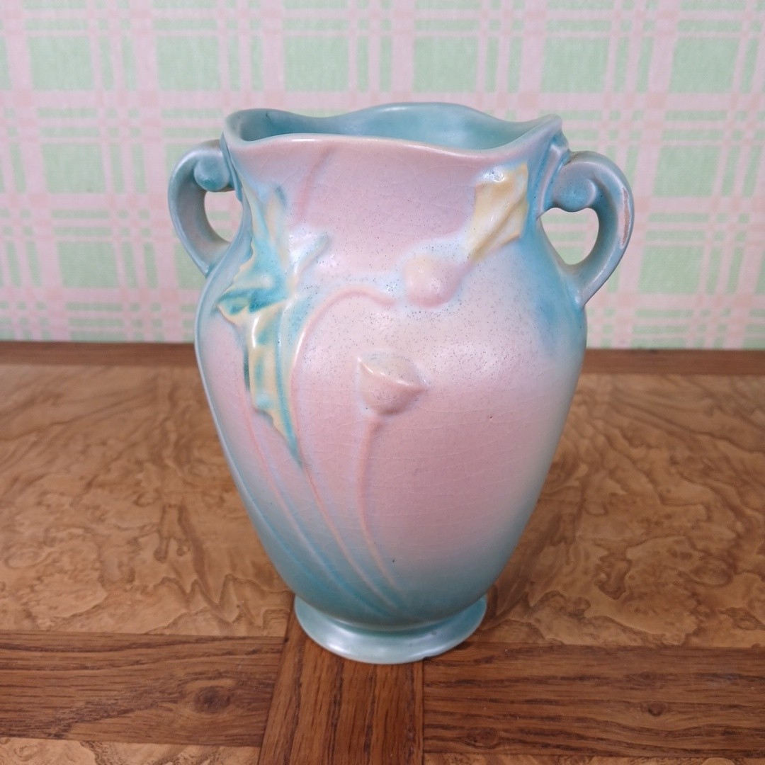VTG 1940s Roseville Pottery Poppy Vase 868-7 Pink Blue Colorway Deco Craftsman