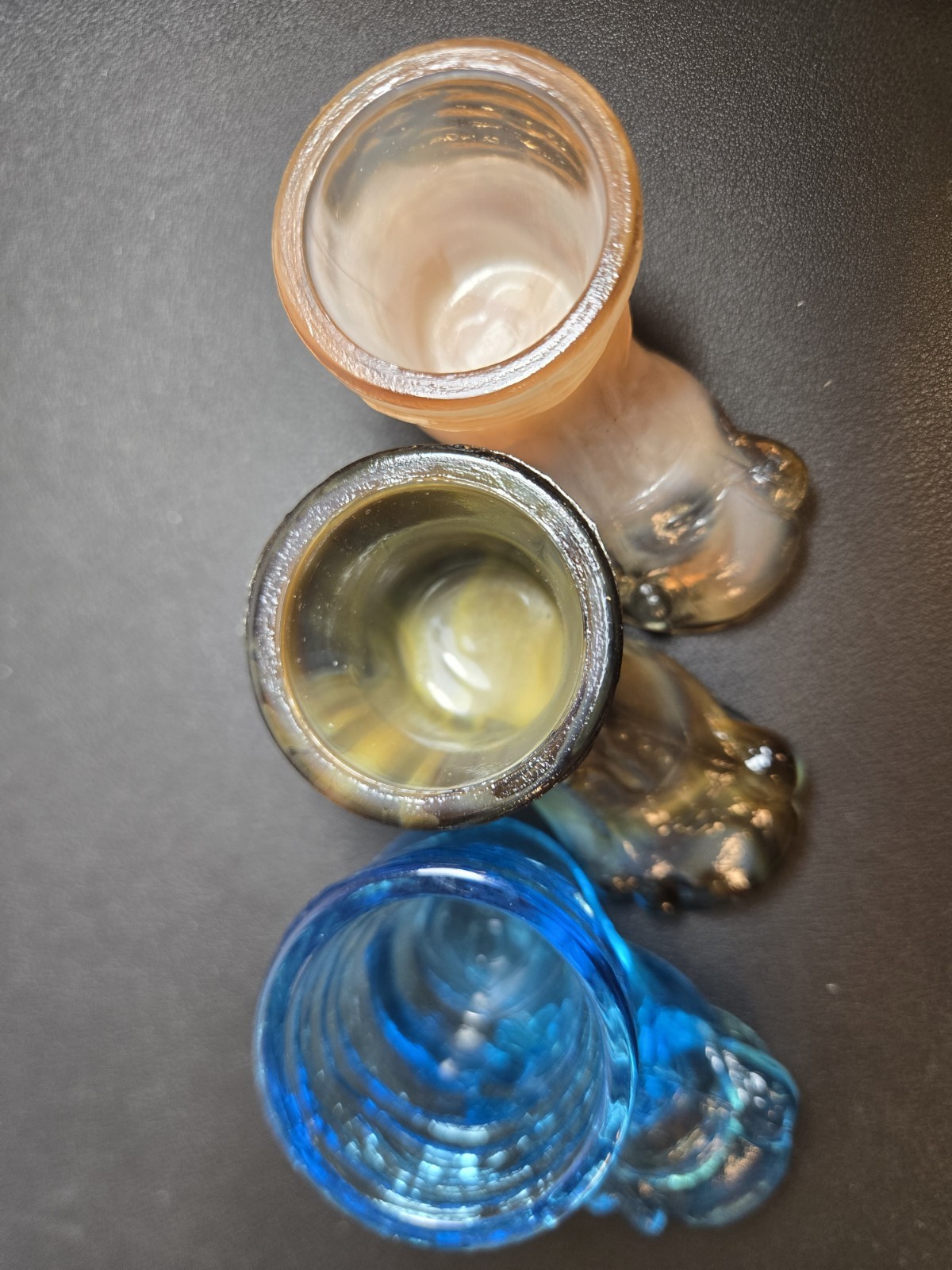 Set Of 3 Vintage Degenhart Glass Boots Carmel Custard, Choc. Creme, Blue?