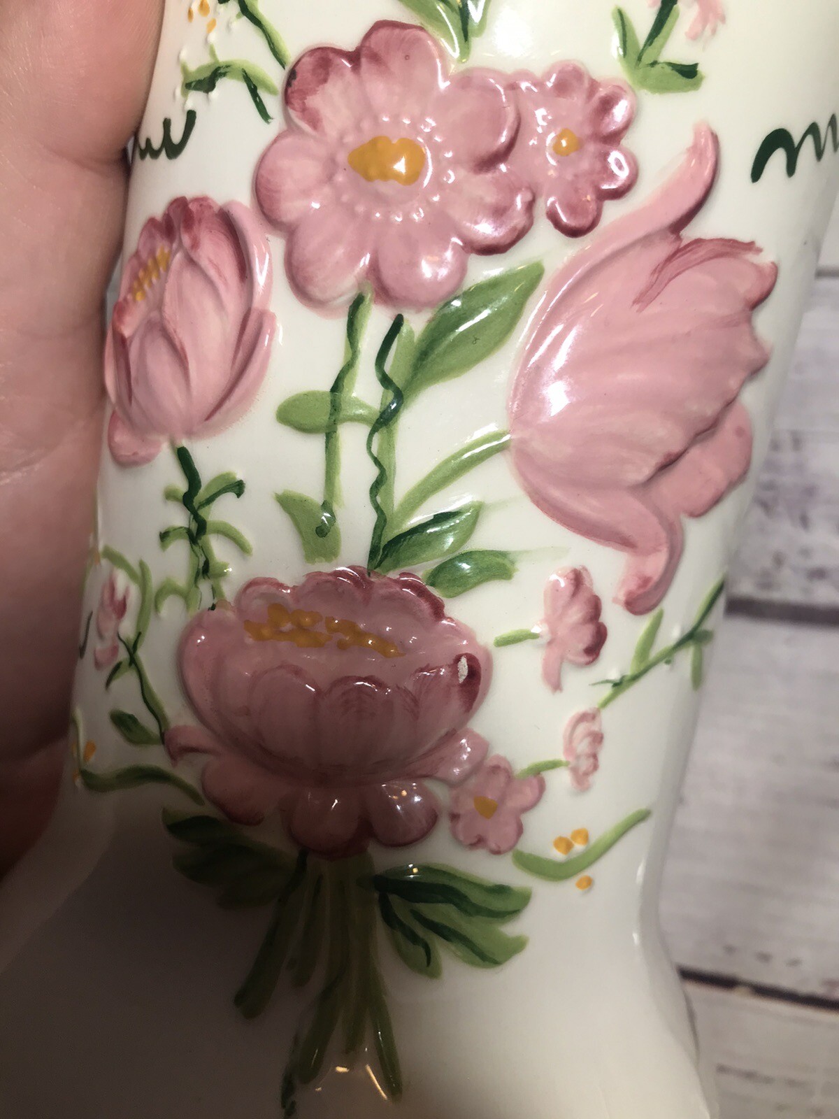 9” Inch Pink Floral Flowers Vase Ceramic Mold Vintage Country Decor