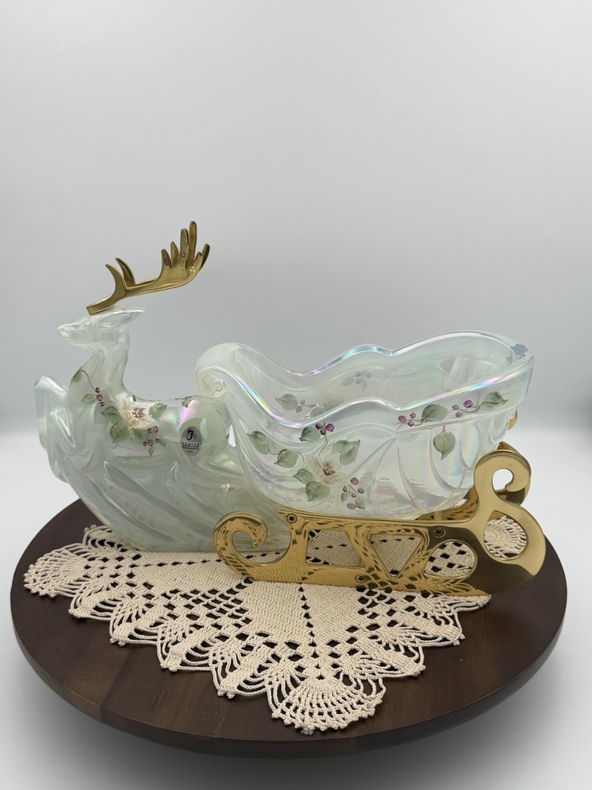 Fenton Reindeer with Original Antlers & Sleigh Christmas Figurines Opal Clear