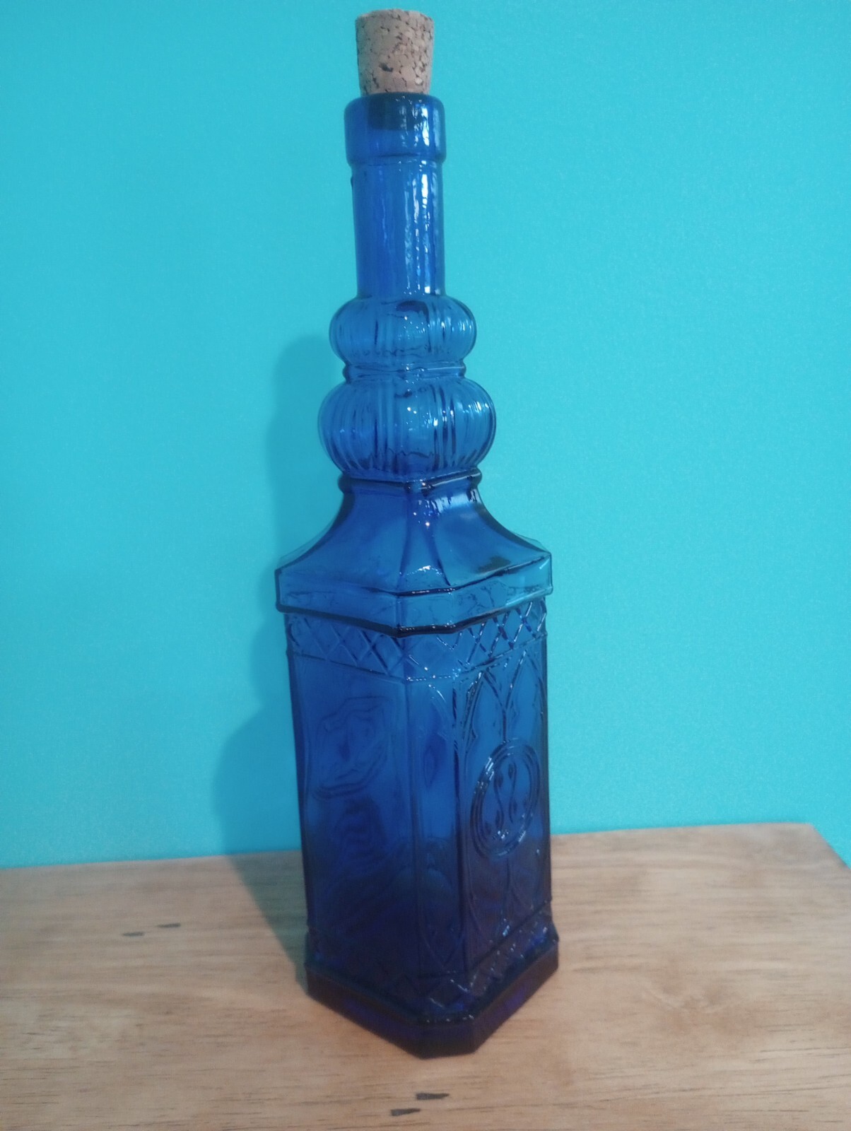 Blown Glass Square Cobalt Blue Glass Bottle Decanter 11.5 Inches Cork Top