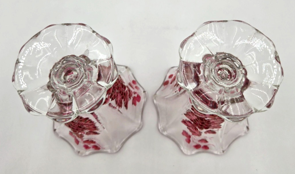 Vintage Westmoreland Paneled Grape Ruby Flashed Glass Pedestal Vases Pair 6″