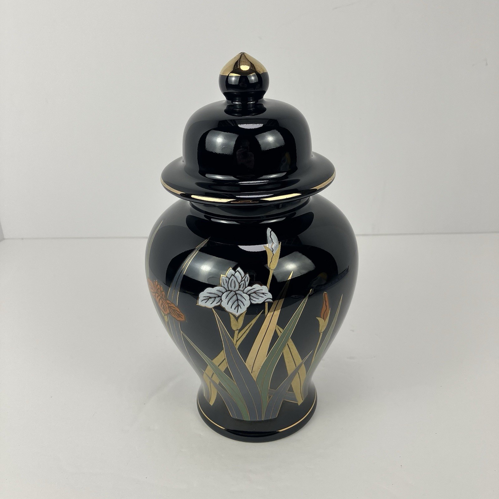 Otagiri Japan Black Gold Iris Floral Ginger Jar Lidded Ceramic Urn Vase Decor