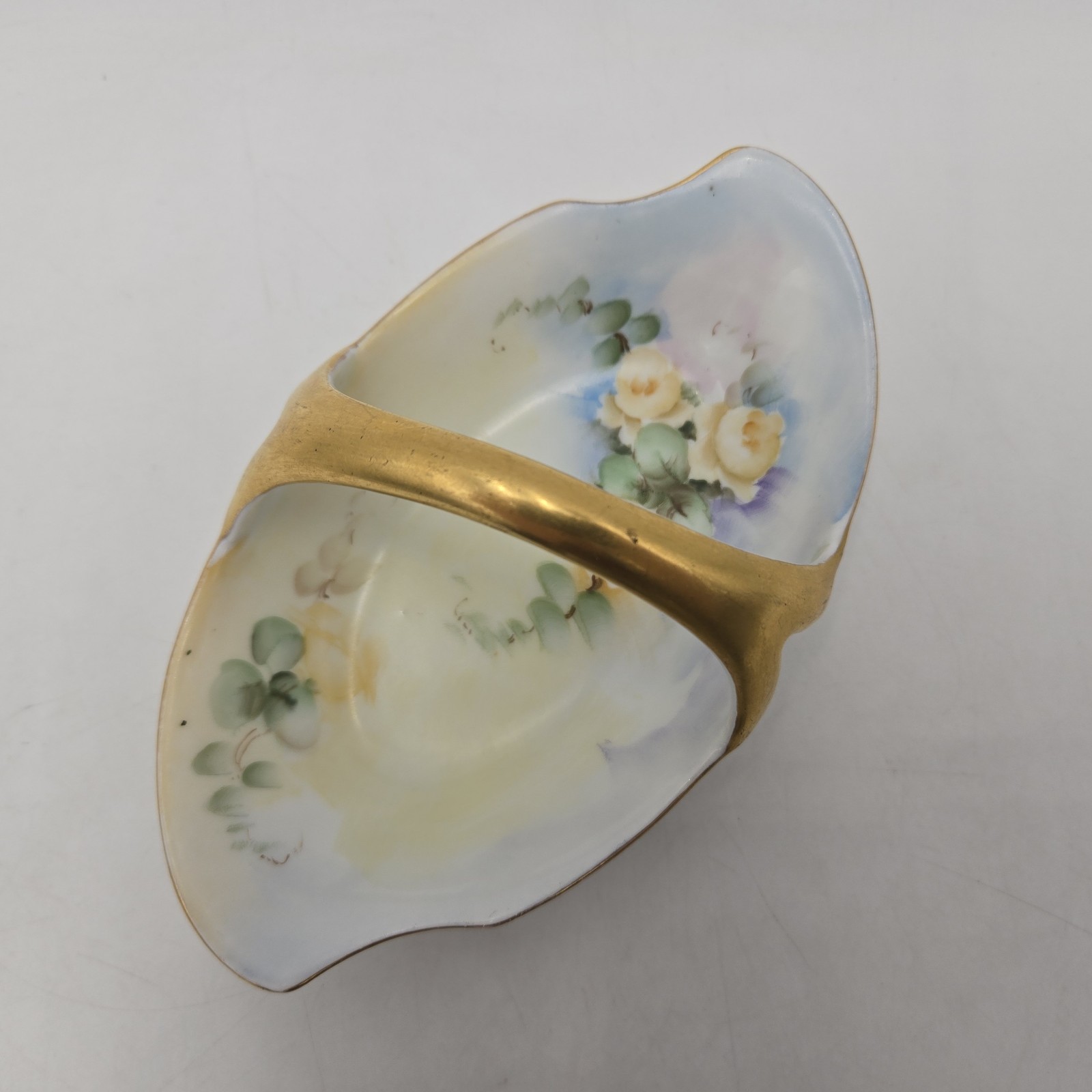 Vintage RS Germany Painted Yellow Floral Basket Style Candy Dish | Gold Accents