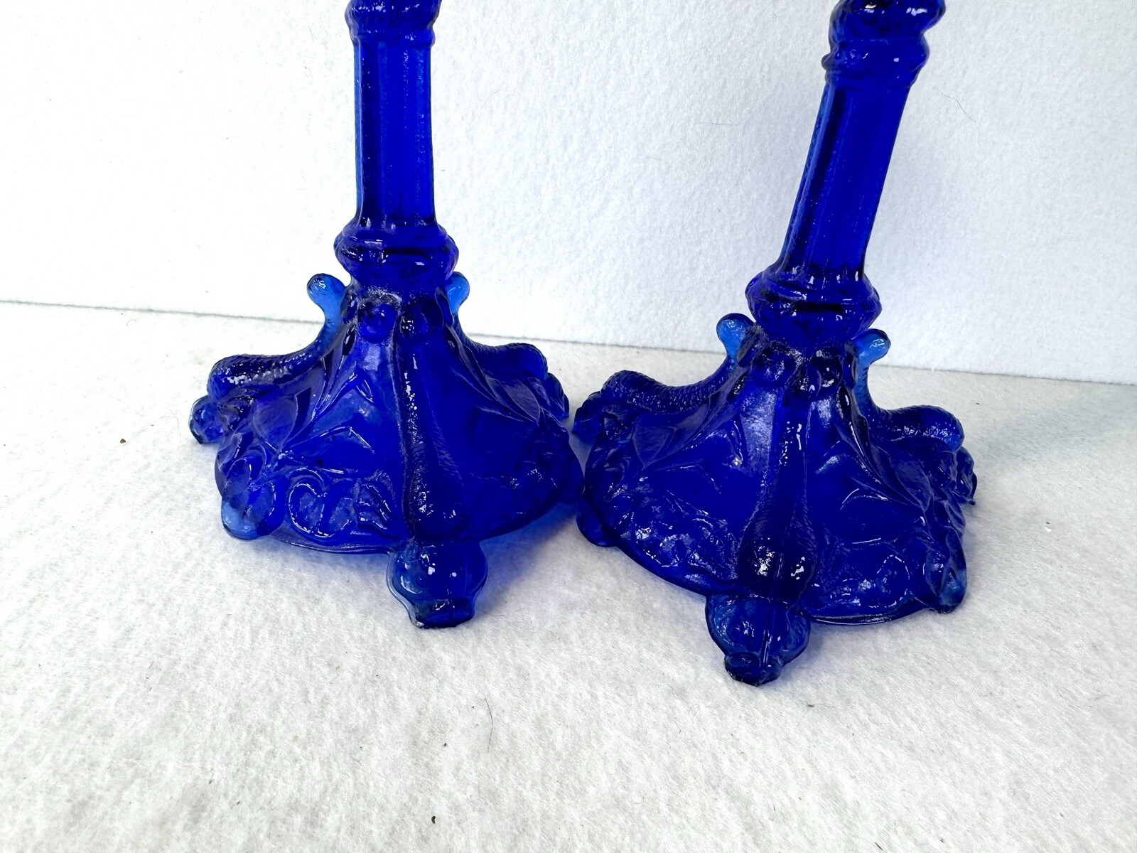 Portieux Vallerysthal Cobalt Blue Glass Candlestick Pair 9″ Vintage