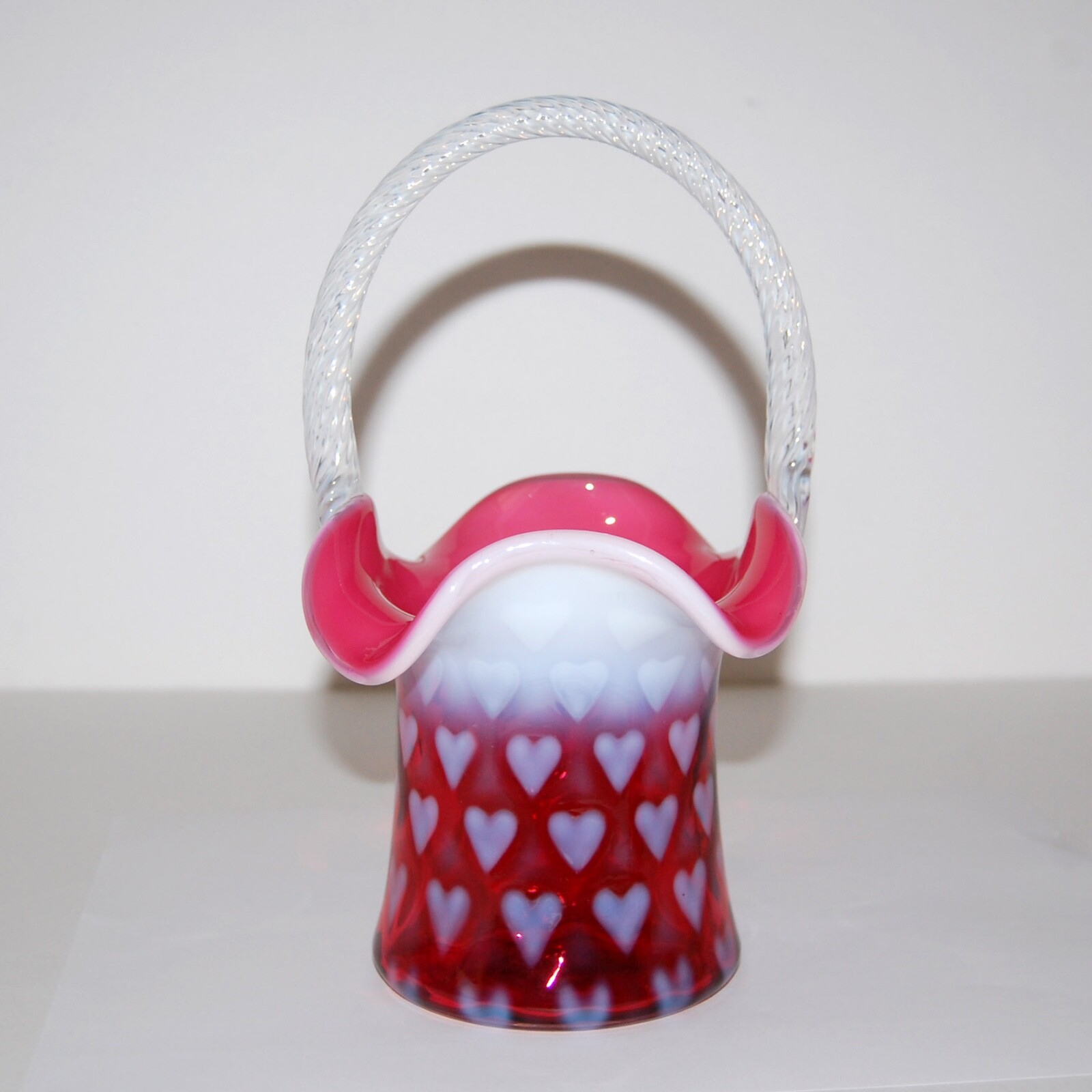 Fenton Art Glass Heart Optic Cranberry Opal 8.5″ Hat Basket