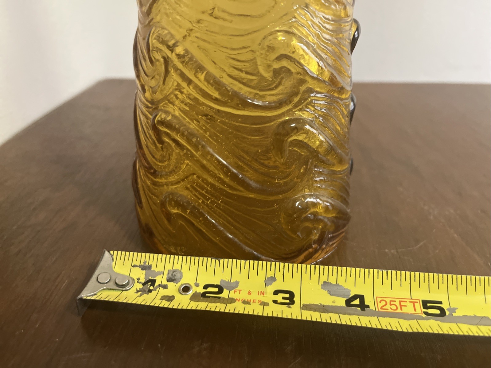 Vintage Amber Italian Empoli Glass Bottle With Stopper Wave Pattern
