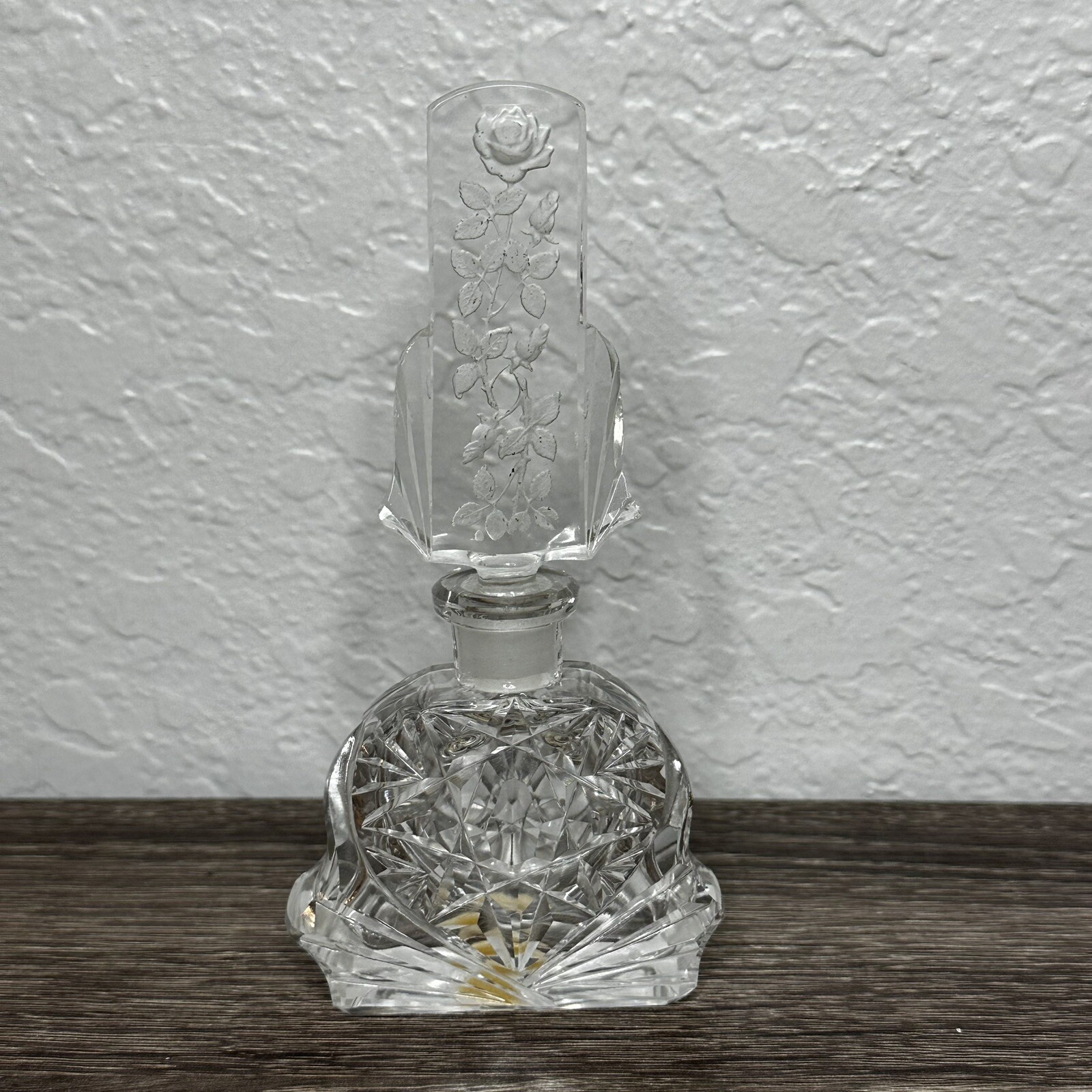 Art Deco Perfume Bottle Made In Czechoslovakia Glass Intaglio Rose Stopper