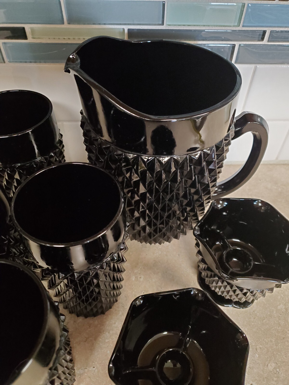 Vtg. Tiara Cameo Black Point Pitcher, Iced Tea Glasses (4) Taper Candle Holders