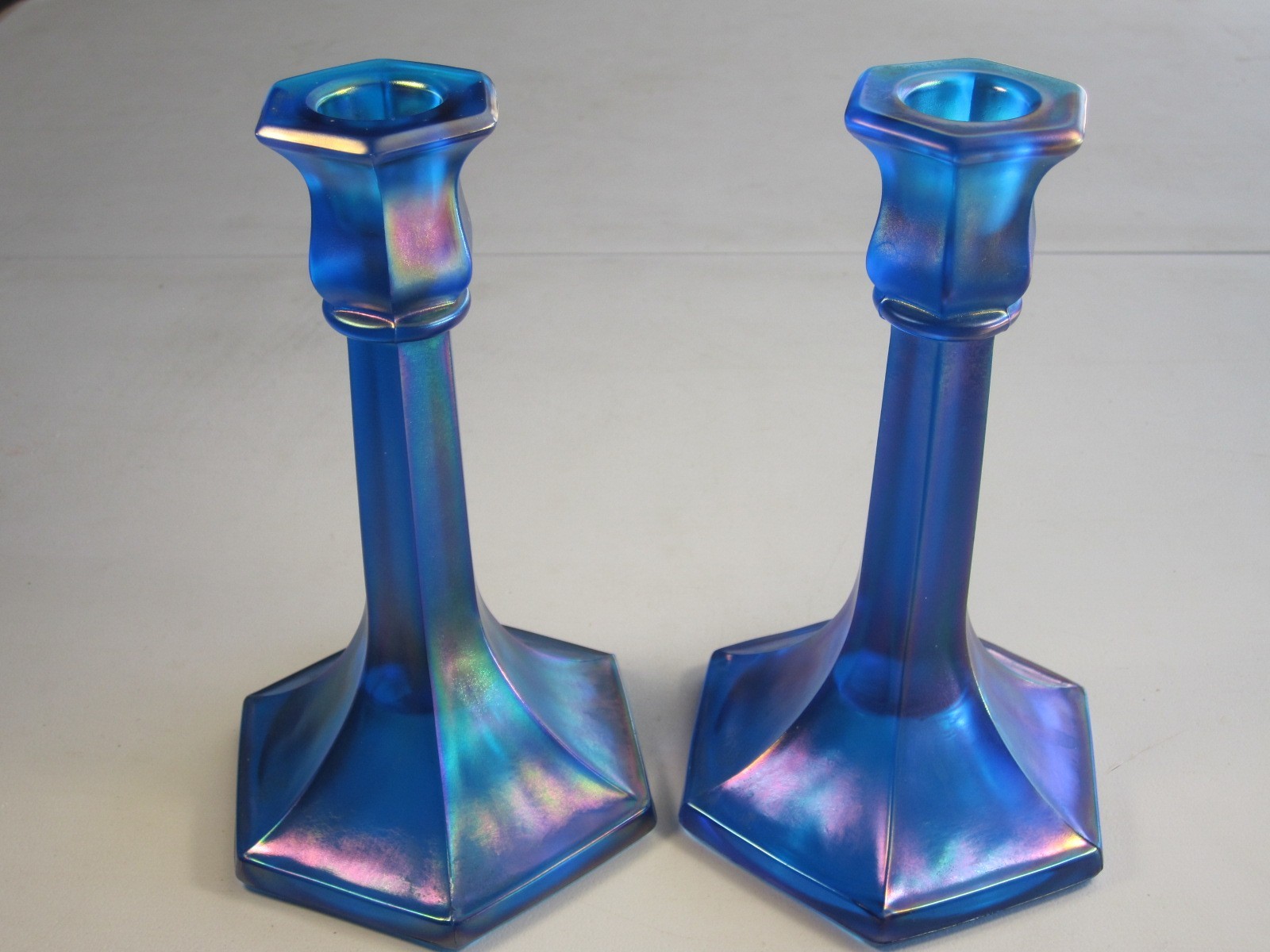 Pair Sapphire Blue Northwood Carnival Stretch Glass #657 Pattern Candle Sticks