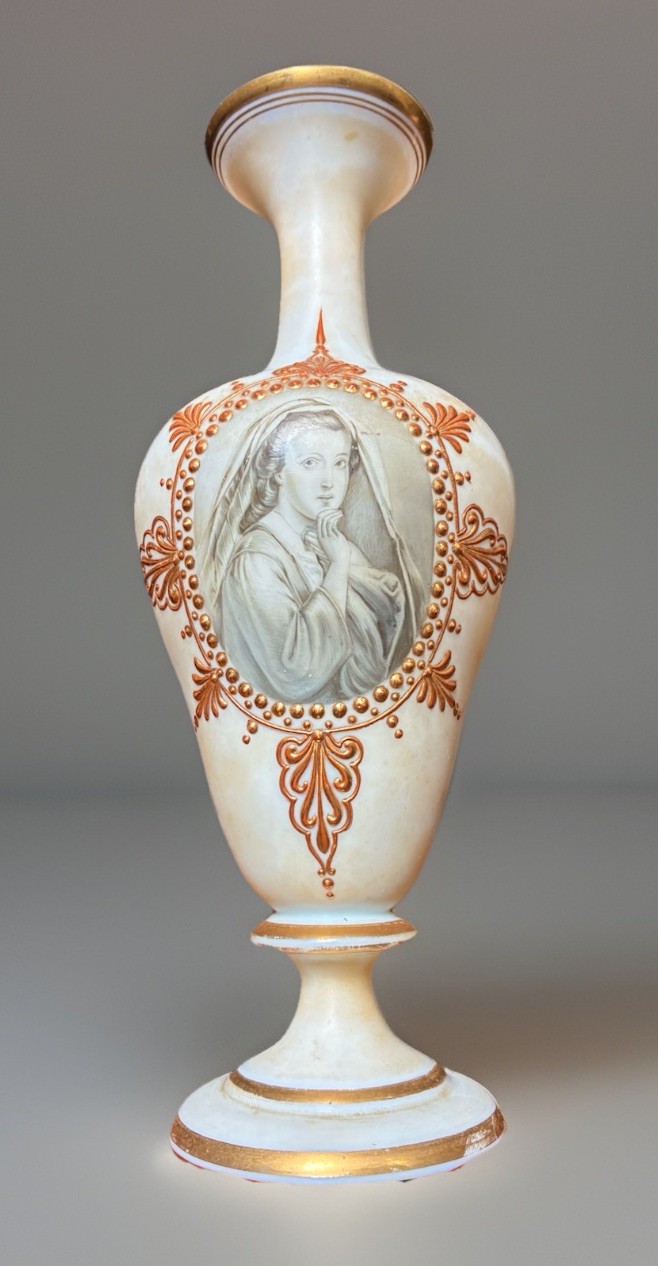 Baccarat Opaline Glass Vase With Hand Painted Woman Signed