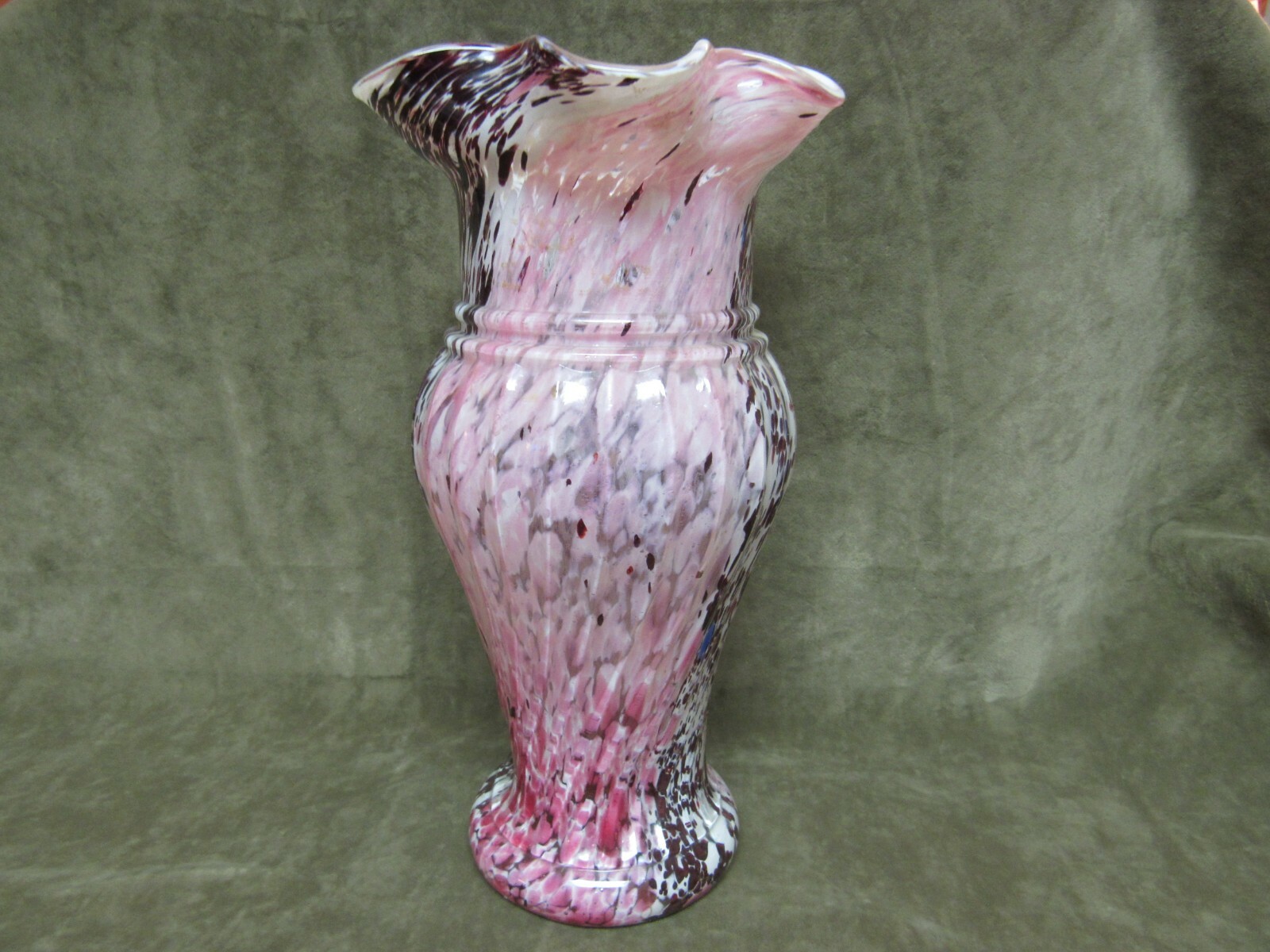 Vintage Tall Czechoslovakia Art Glass Pink Maroon White Blue Spatter Ruffle Vase
