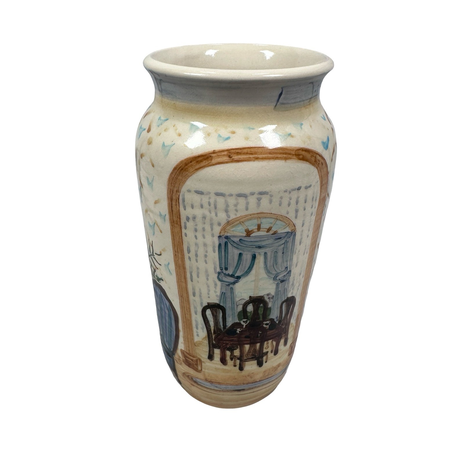 Liz Lawrence Redware Pottery Vase 1992 Hand Painted Scenic Interior Landscape