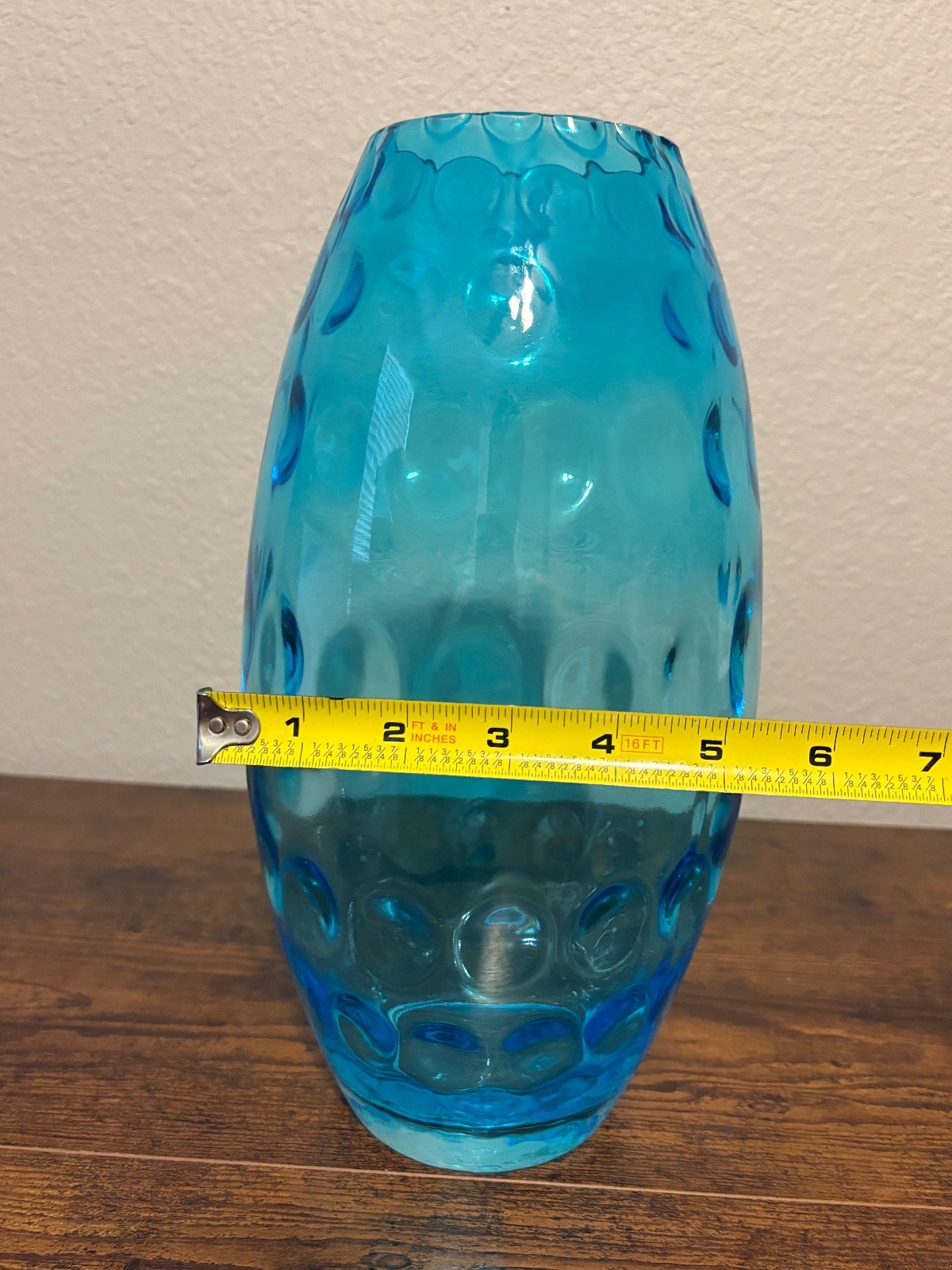 VTG MCM Sklo Union Blue 11.75″H Olives Dot Optic Art Glass Vase