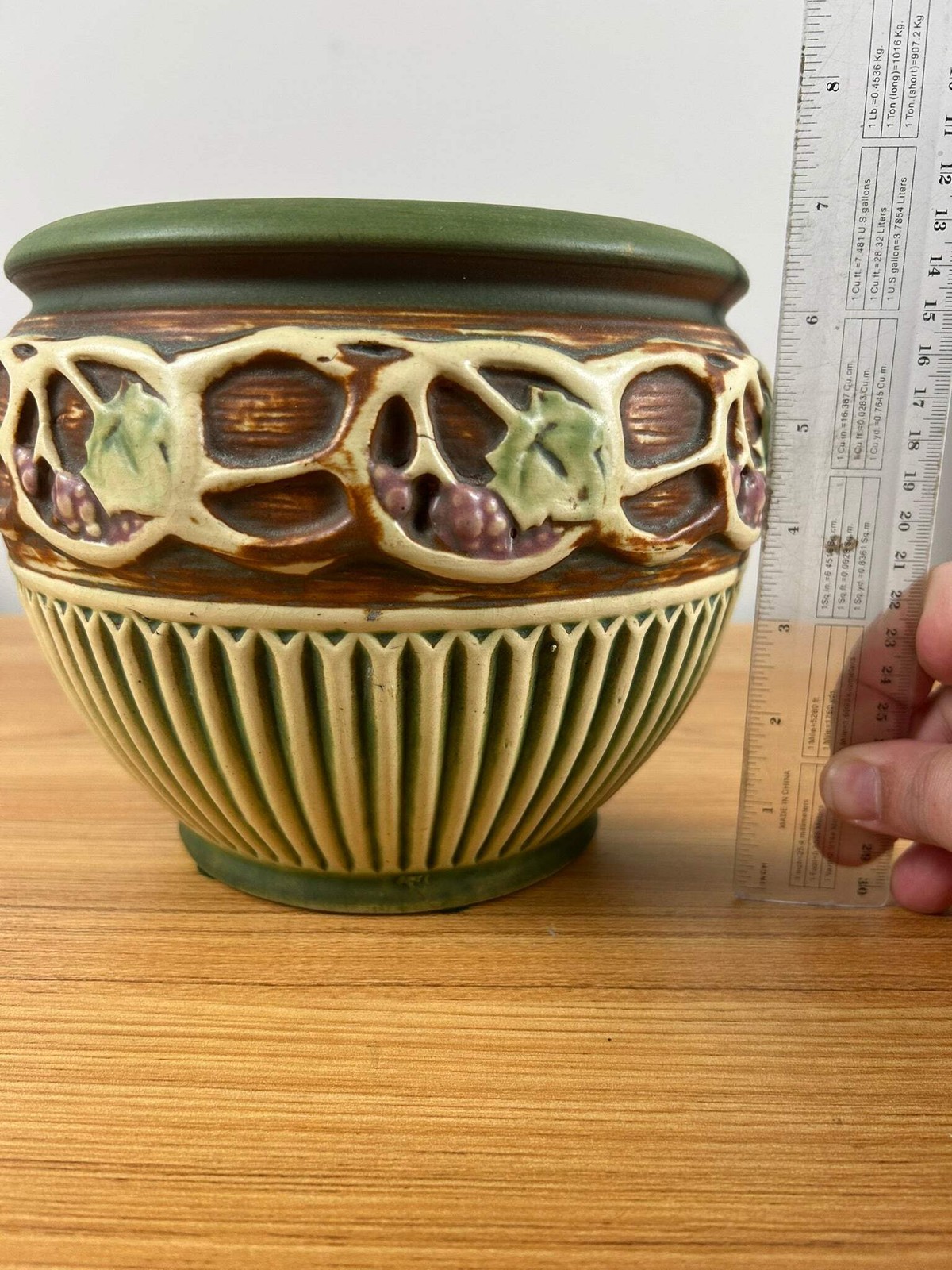 Roseville Pottery Normandy Jardiniere, Shape 609-7, Green/Brown/Cream Grapevines