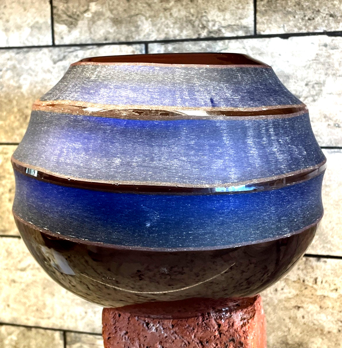 VTG Studio Art Glass Beehive Vase Blue Amber Sandblasted Etched 6.25×8″ ~ 5.75LB