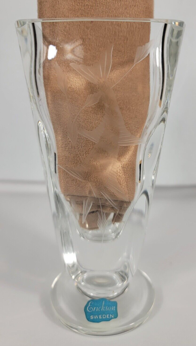 Carl Erickson Sweden Clear Art Glass Etched Sailfish Vase Mid Century
