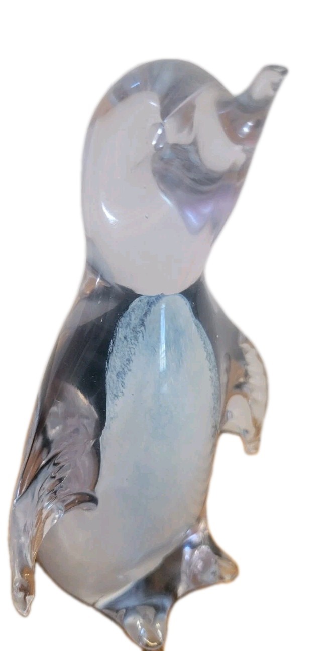 Murano Style Penguin Black White Clear Glass Art Glass Decor 5″