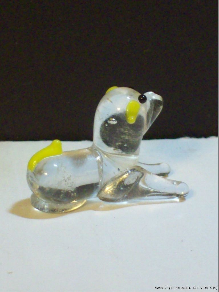 Vintage Miniature Hand Blown Glass Art Dog Puppy Animal Figurine Clear Yellow