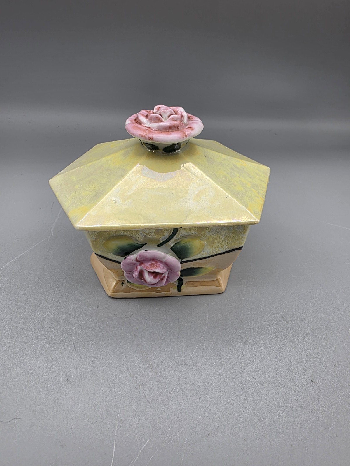Vtg Ceramic Yellow Peach Lusterware Applied Pink Rose Lidded Trinket Box Japan