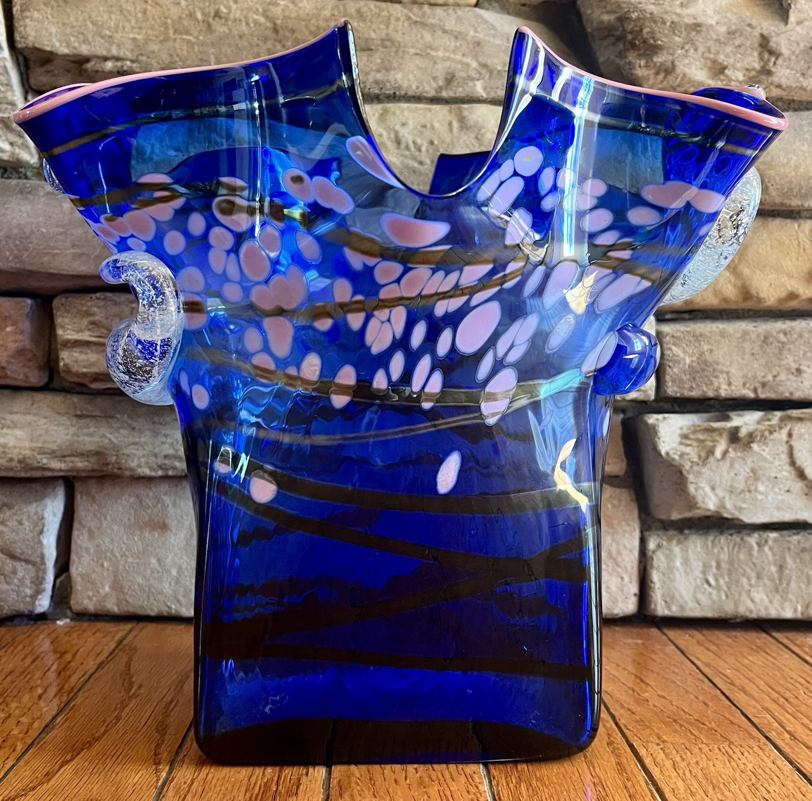 Blue & Pink Designed Vase Handblown Studio Art Glass By Mensch Signed & Dated 95