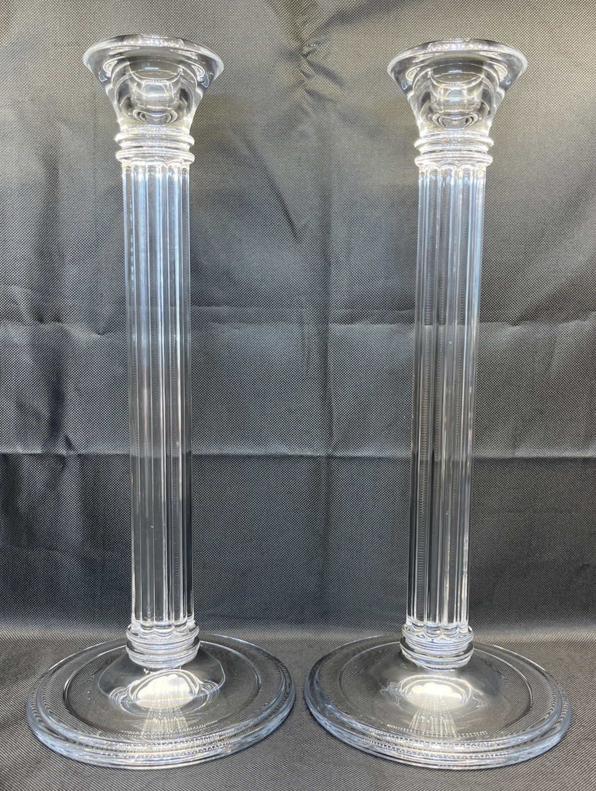 Vintage PAIR ELEGANT TIFFANY & COMPANY CLEAR. CRYSTALS 10” COLUMN CANDLE STICKS