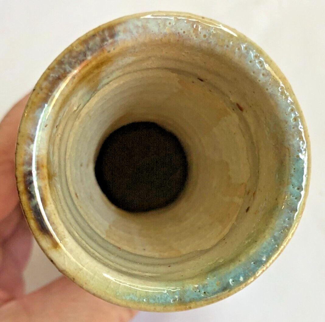 Signed 6.25″ Japanese Art Pottery Vase Blues Browns Double Happiness Wedding ’01