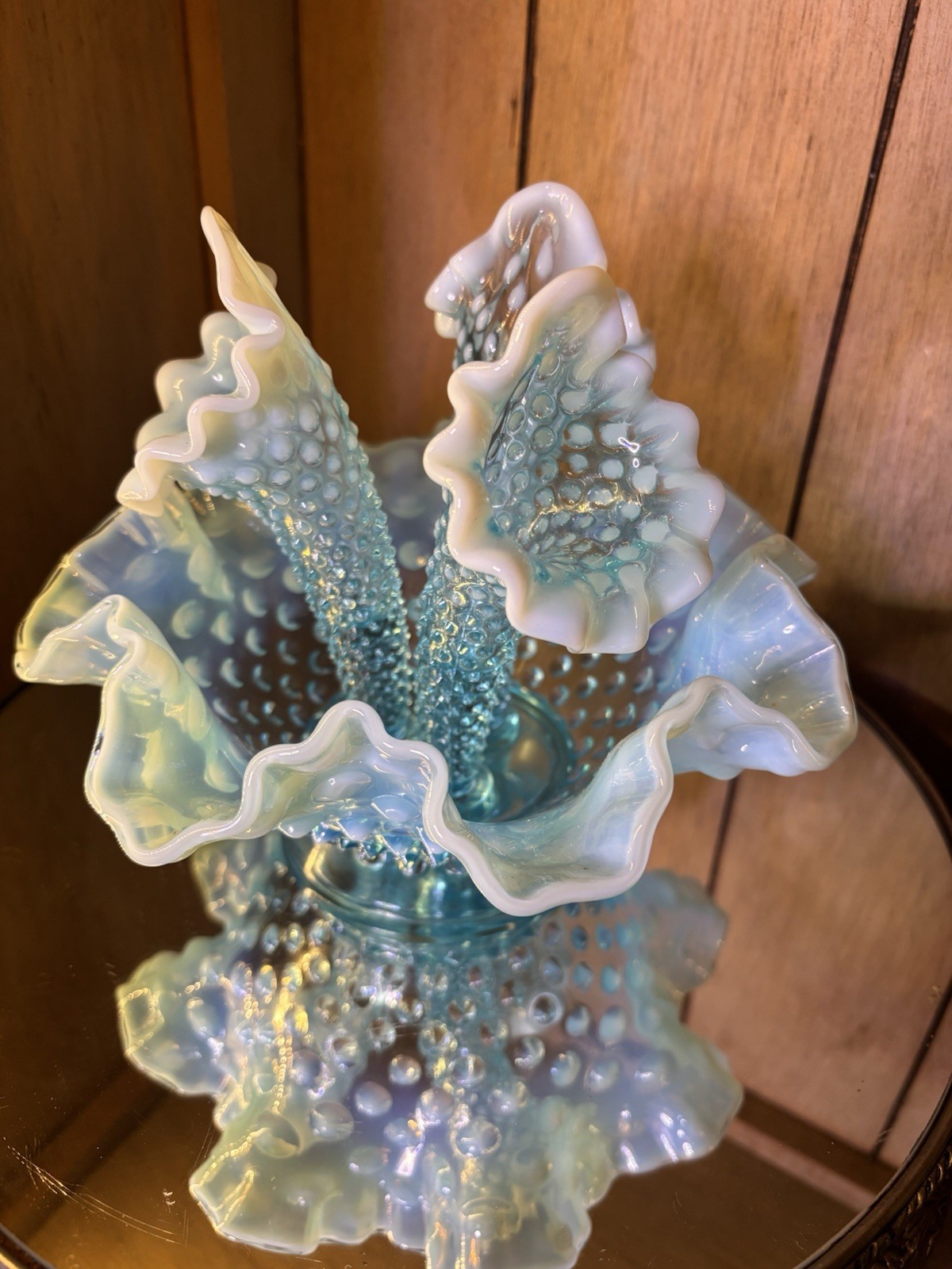 Vintage Fenton Art Glass Blue Opalescent Hobnail 3 Horn Epergne