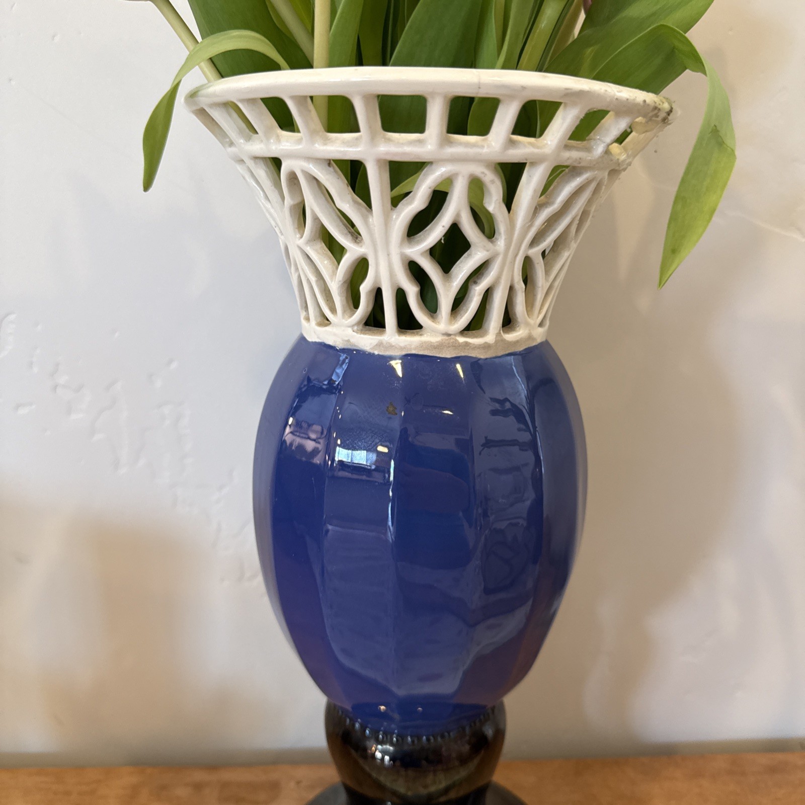 Eichwald 405 Art Nouveau Majolica Vase 20th Mid Century Blue Ornate White