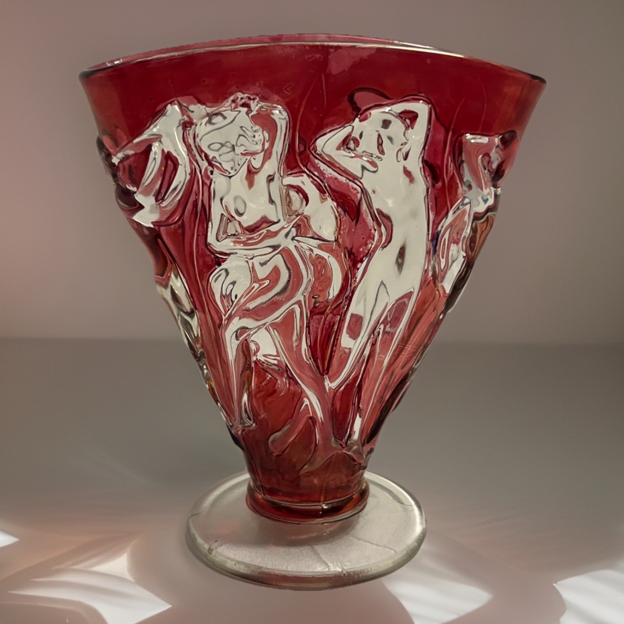 Art Deco Dancing Nymph Pattern Ruby Flash Glass Fan Vase Vintage Lamp & Glass Co