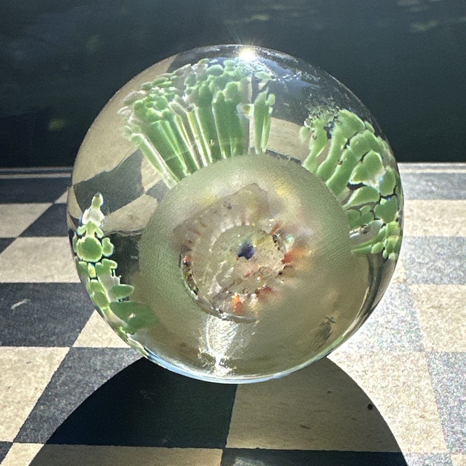 Vintage Large Round Green Flower & Multi Colored Millefiori Bottom Paperweight
