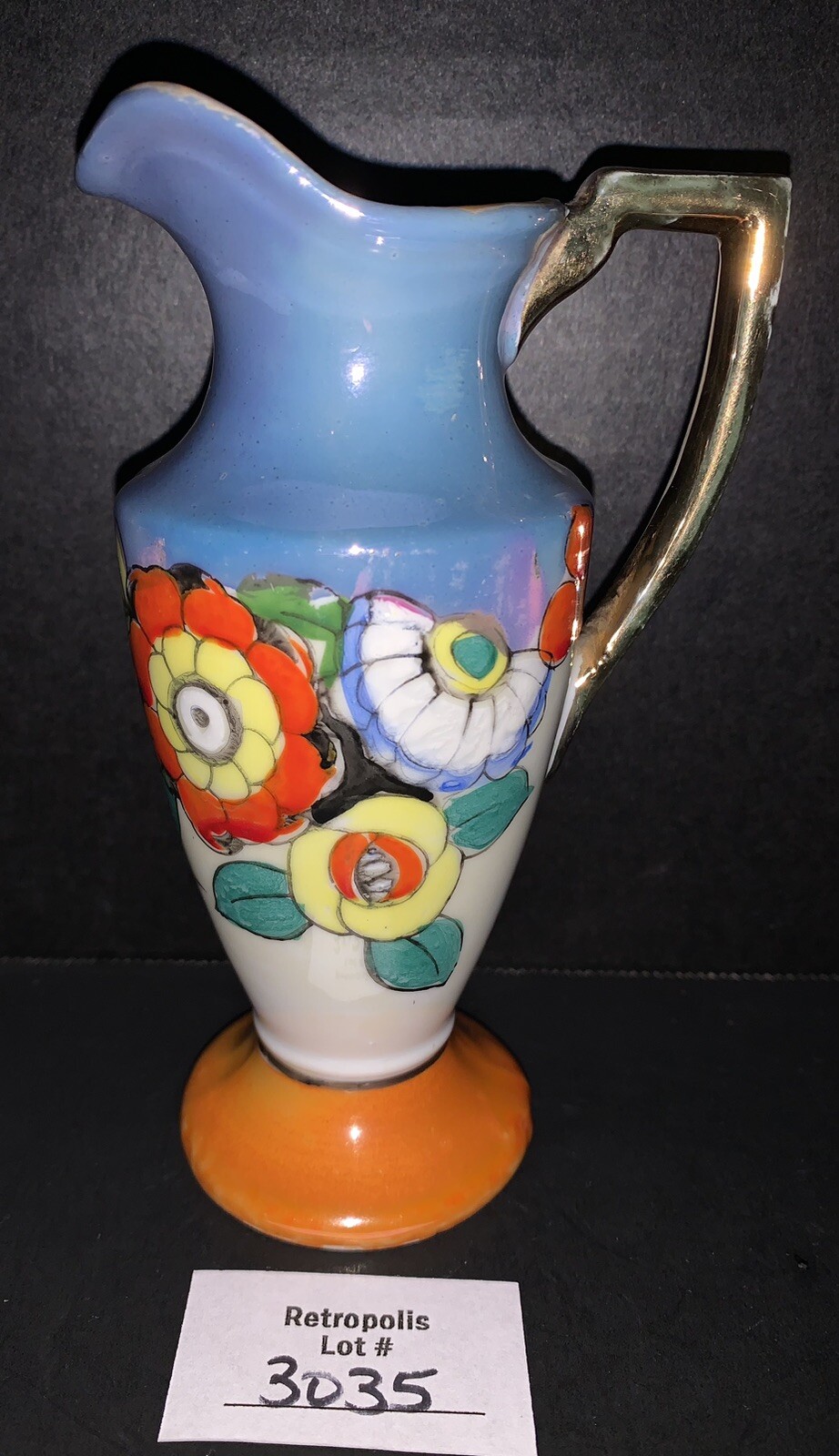 Peach Lusterware Blue Orange Floral Handled Ceramic Vase Japan Vintage