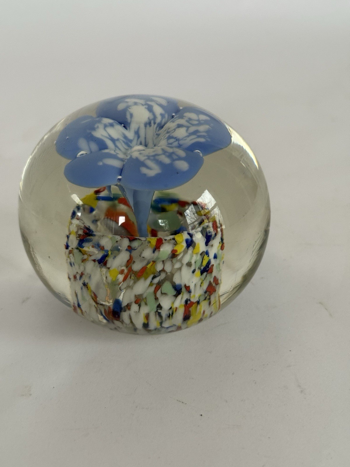 Art Glass Paperweight Blown Abstract Blue Floral Colorful Confetti 1.3 Pounds
