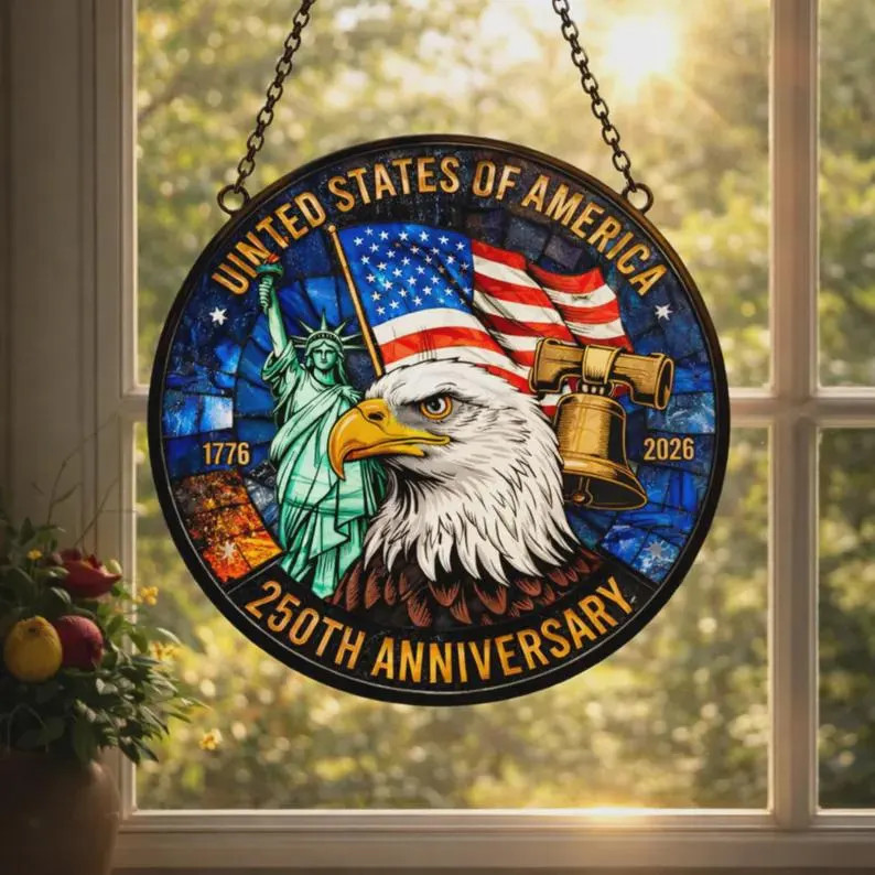 Patriotic Eagle Liberty Bell USA Suncatcher Glass