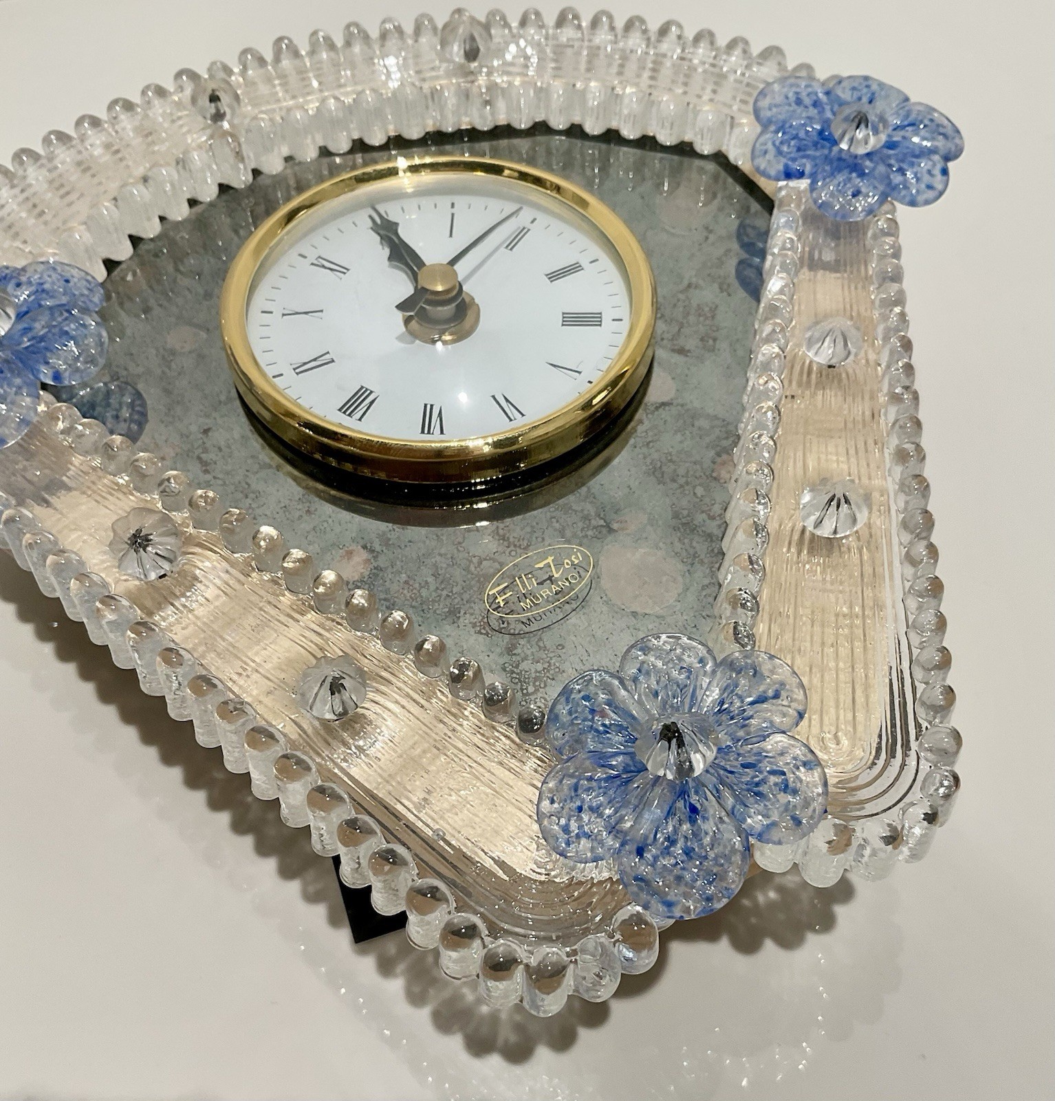 Fratelli Tosi Murano Glass Wall Clock Blue Millefiori Flowers Gold Bezel NOS
