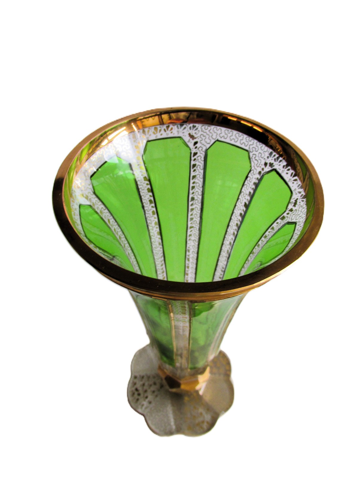 Antique MOSER Bohemian Cabochon Green/Clear Cut Glass Gild Vase 1930s 24 cm