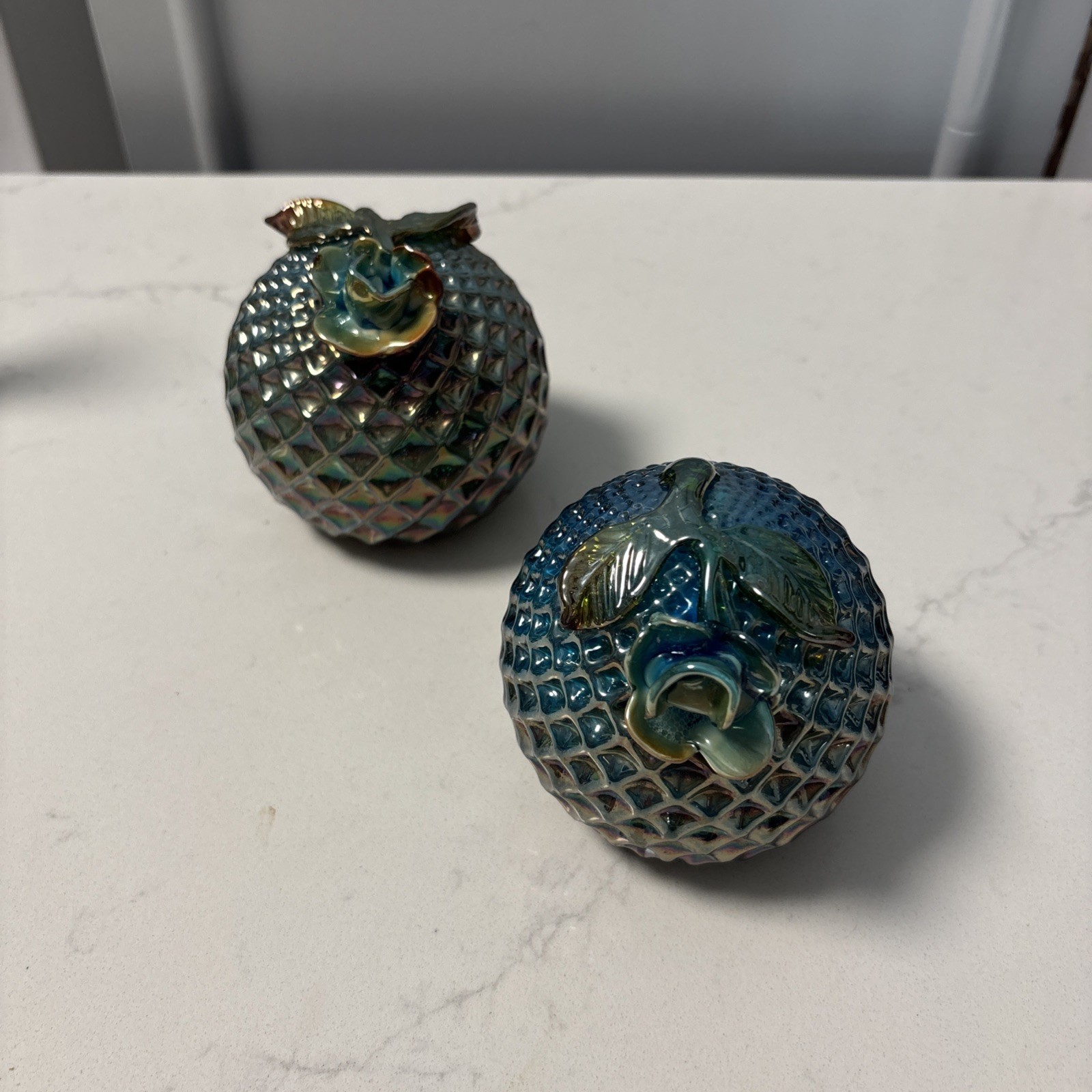 Vintage Gibson Studio Carnival Art Glass Blue Iridescent Strawberry Paperweight