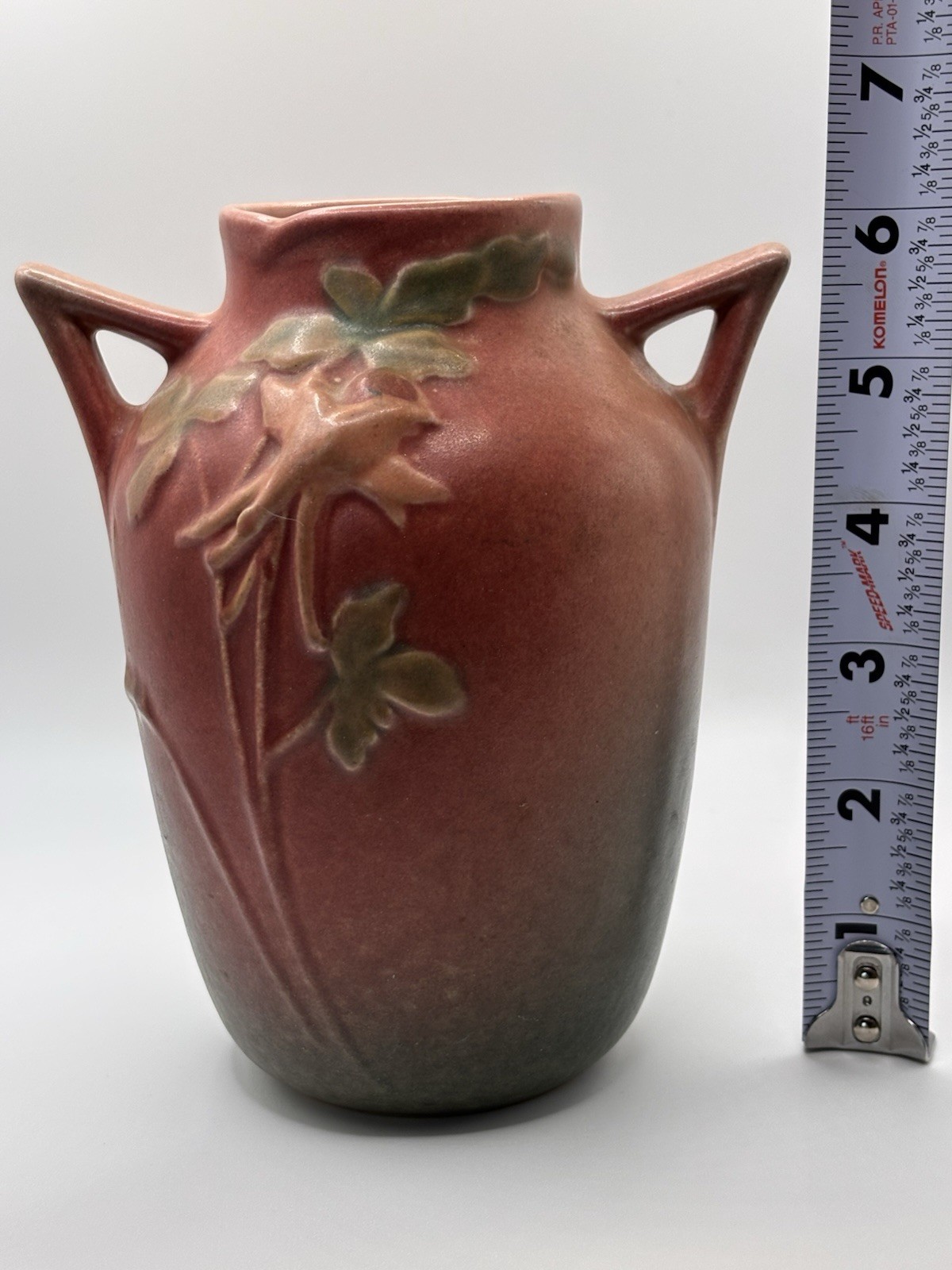Vintage Roseville Columbine Pottery Vase 14-6 Pink Green Two Handled Art Deco