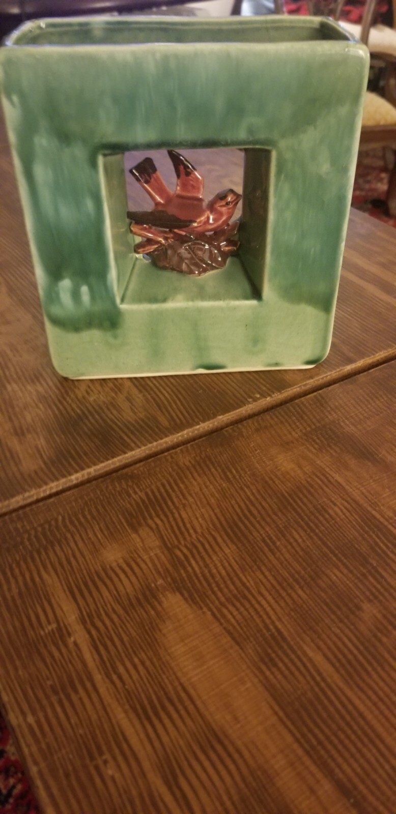 1950’s McCoy Arcature double shadow box square vase green w/ red bird, RARE!