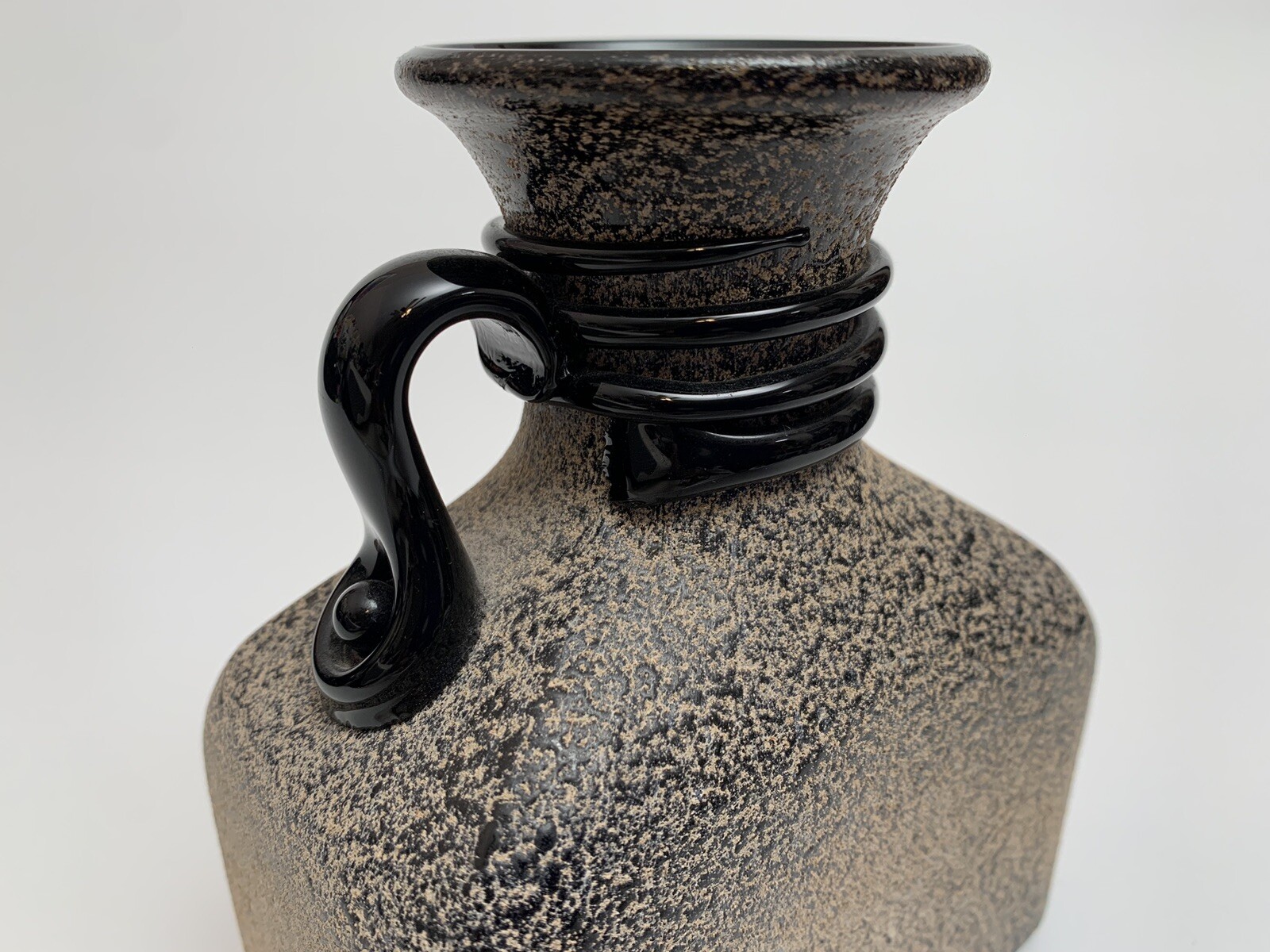 Hand Blown Spanish Lafiore Vintage MCM Black Glass Vase with Scavo Texture.