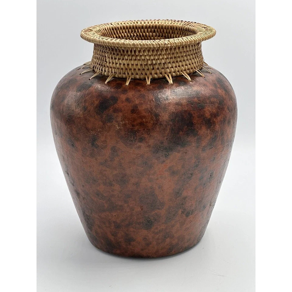 Indonesian Vase Terracotta & Woven Rattan Lombok 9” x 7″ Hand Painted