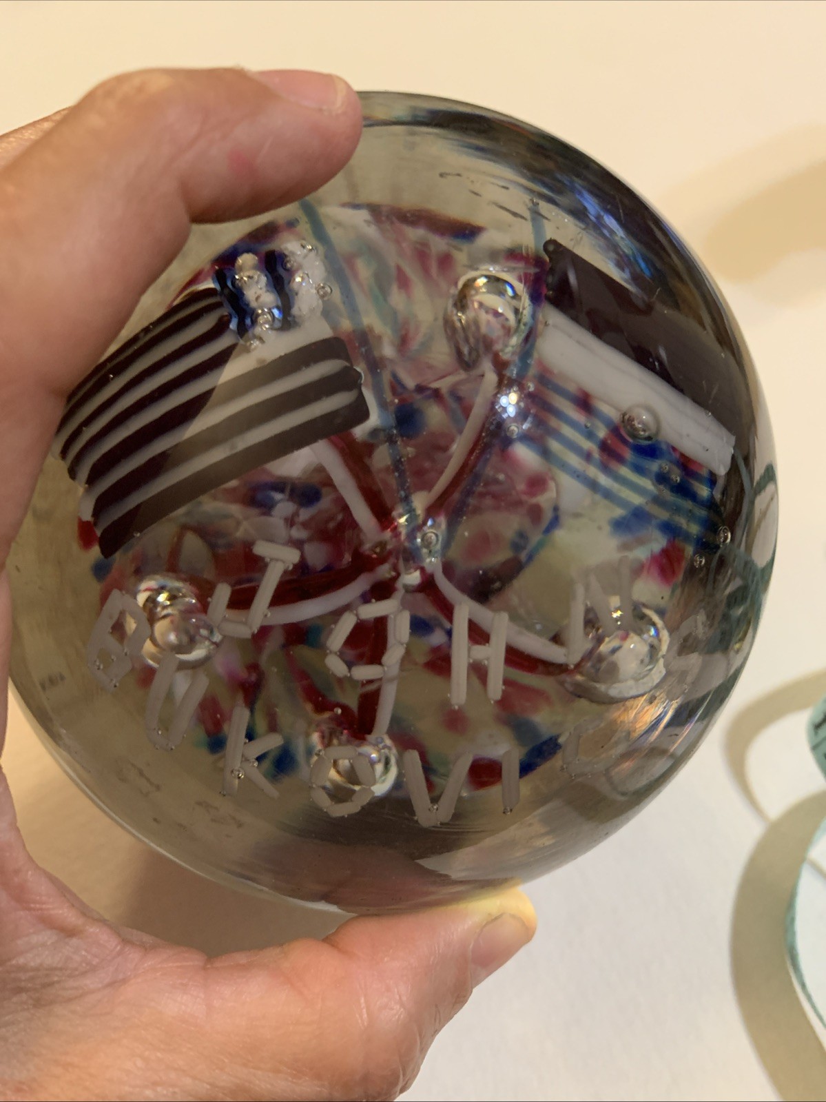 Large Blown Glass Patriotic PAPERWEIGHT-signed John Bukovics USA FLAG