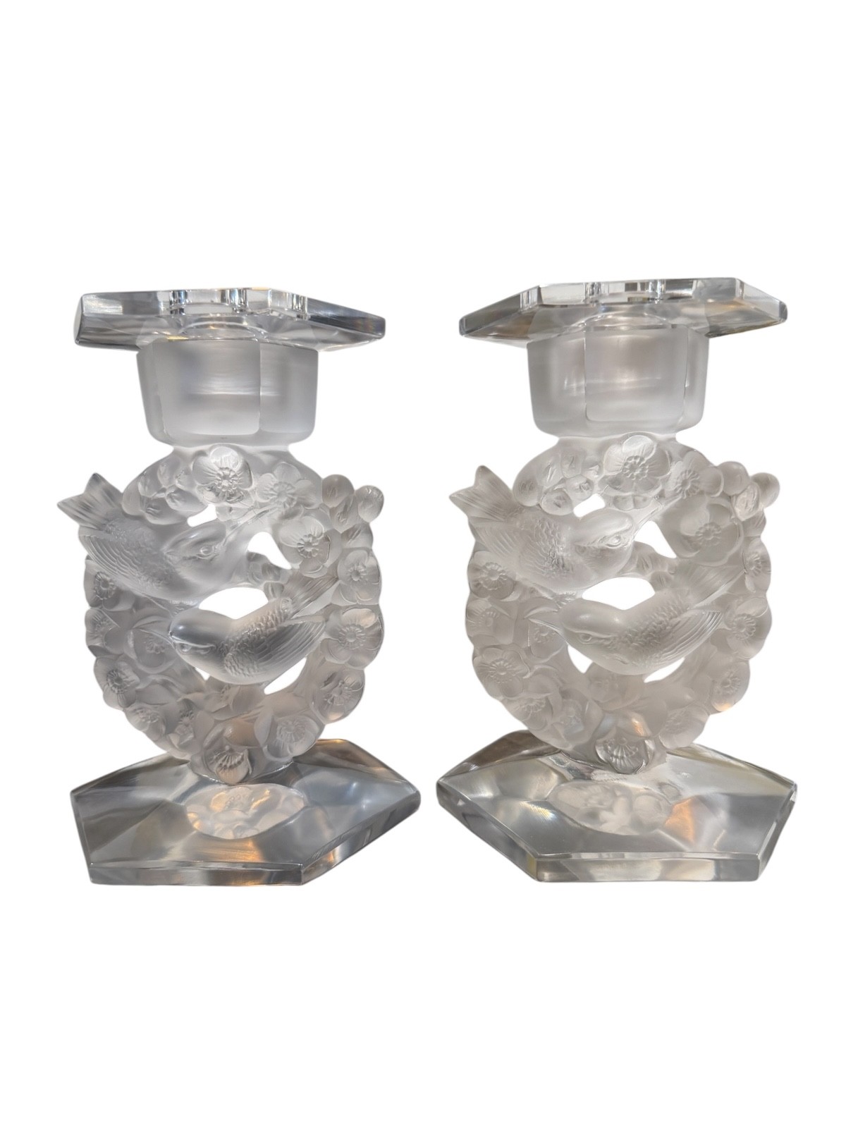 LALIQUE 2 MESANGES FROSTED CRYSTAL CANDLEHOLDERS BIRDS AMONG FLOWERS W/ BOBECHES